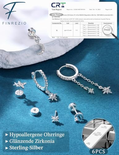 Thumbnail 4 de Finrezio 6 Stück Ohrringe Silber 925 – Damen Ohrstecker & Creolen mit Stern, Mond und Sonne