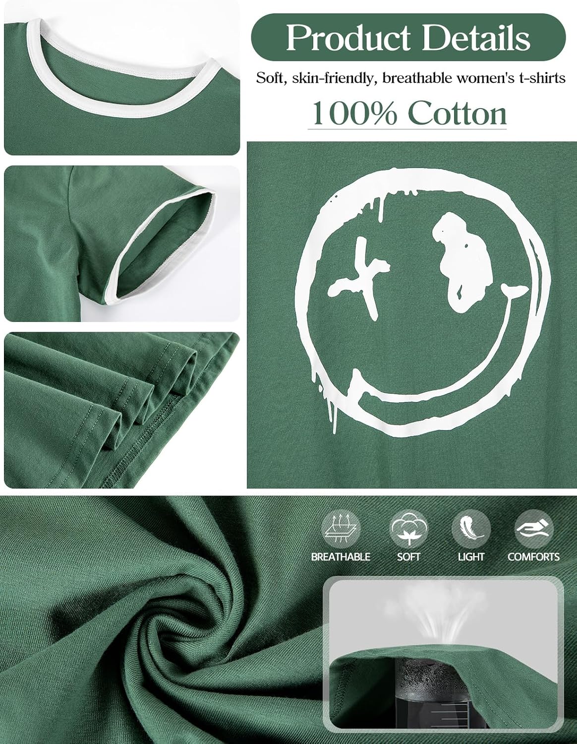 Detalle de heekpek T Shirt Femme – Tee Shirt Haut en coton, col rond, manches courtes