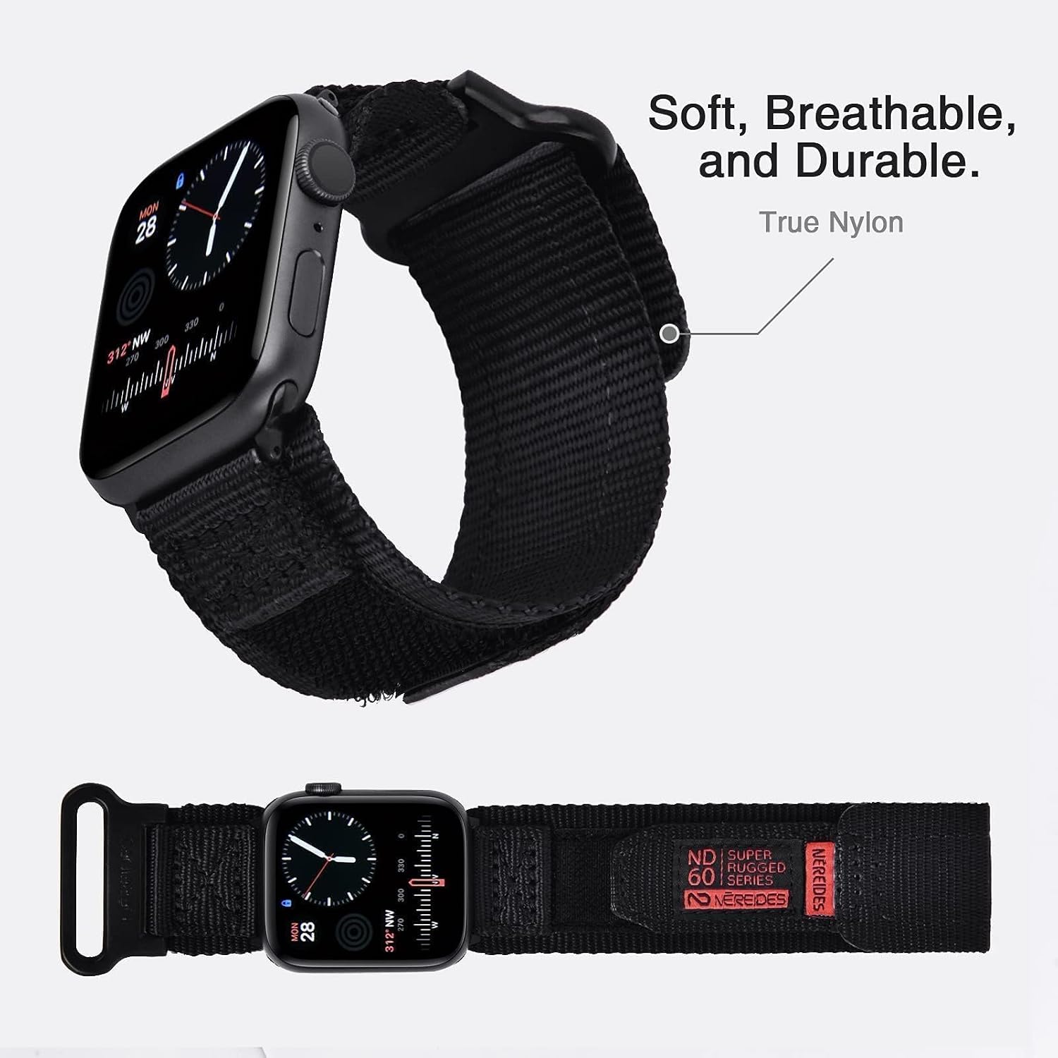 Detalle de Nereides Nylon Sport Replacement Band for Apple Watch (42–38mm) – Black