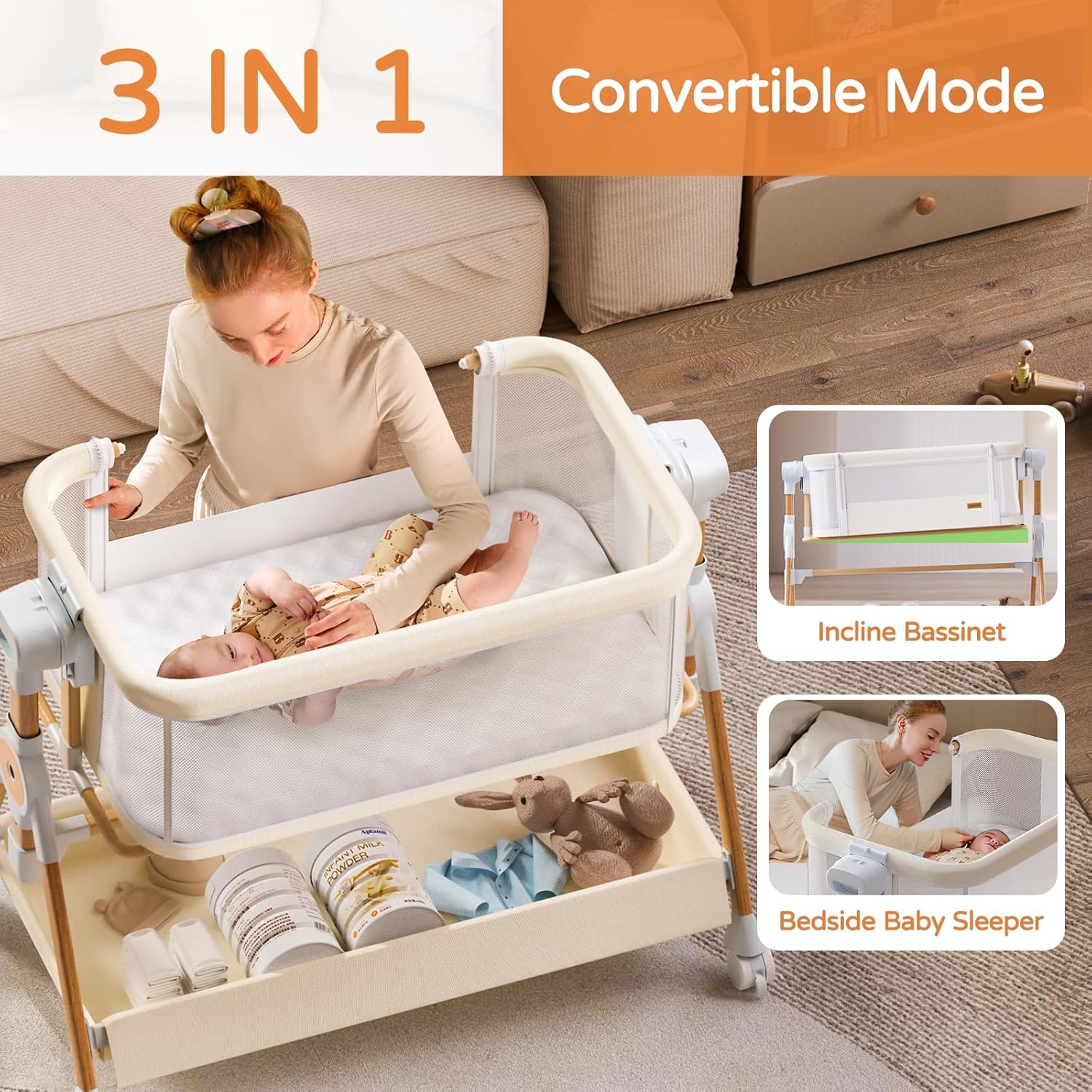 Thumbnail 2 de kingobabys 3-in-1 Baby Bassinet, Beige, with Six Height Settings and Rocking Mode