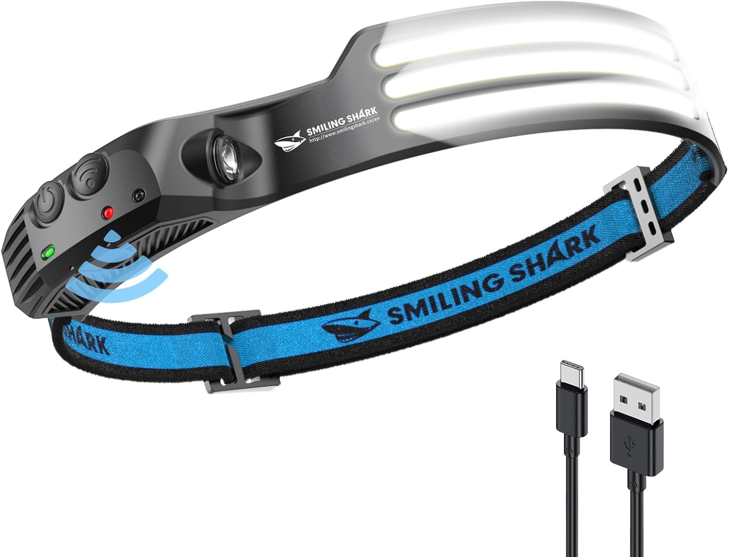 Detalle de Smiling Shark Stirnlampe 230° Weitwinkel – 3 LED, wiederaufladbar, wasserdicht