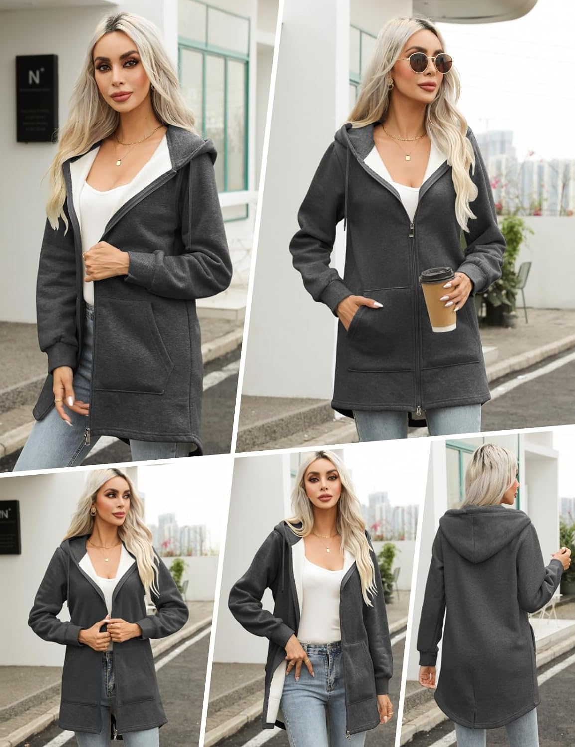 Detalle 2 de Tuopuda Women’s Long Zip-Up Hoodie Fleece Longline Jacket with Pockets