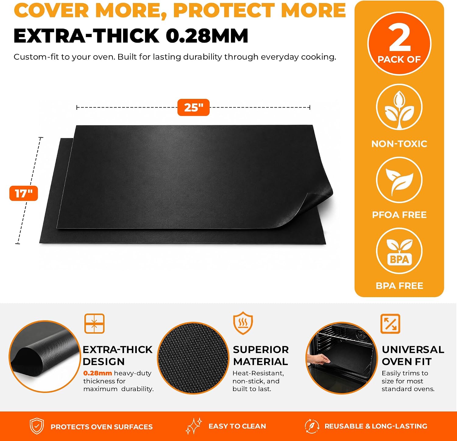Thumbnail 1 de ThreadNanny Oven Liners for Bottom of Oven – Thick 17” x 25” (2 Pack), Non-Stick Reusable Mats
