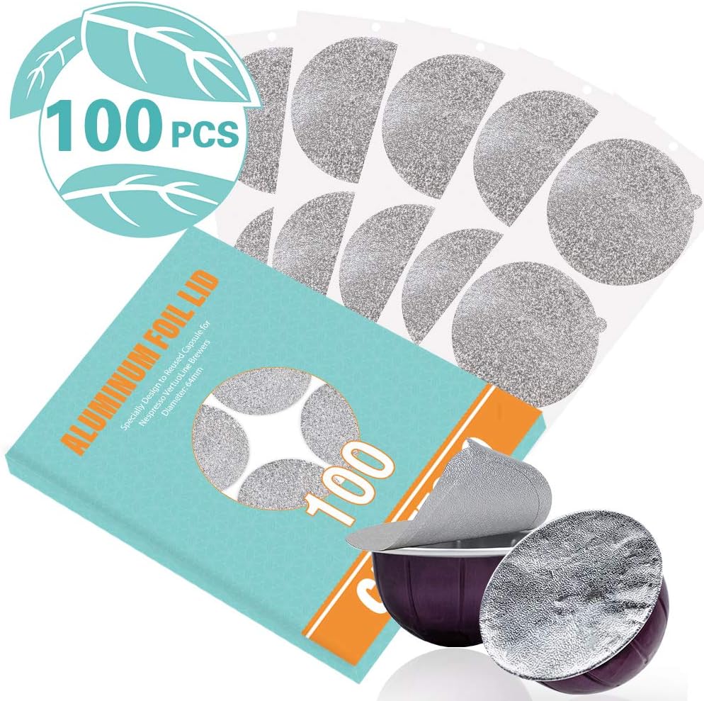 Detalle de CAPMESSO 64mm Aluminum Foil Lids for Reusing Vertuoline Capsules (100-Pack) for Nespresso VertuoLine