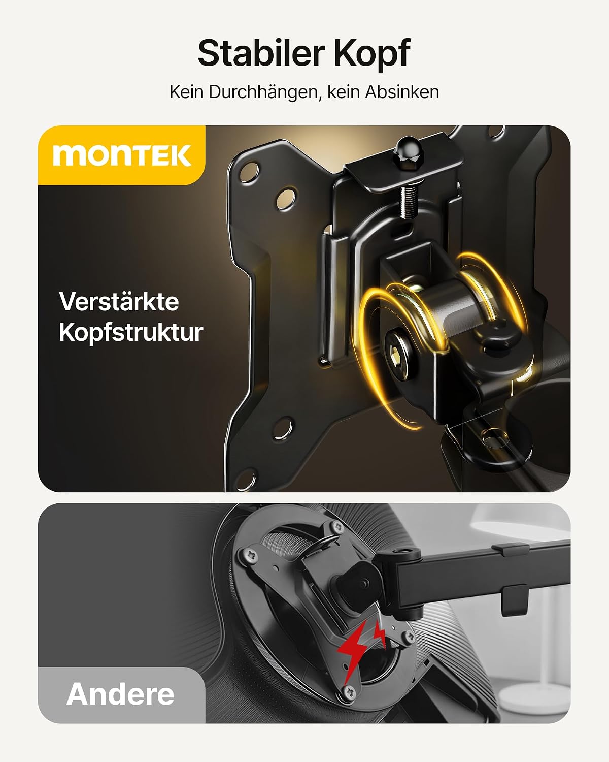 Detalle de monTEK Monitor-Halterung 2 Monitore für 17–32 Zoll – höhenverstellbarer Dual-Arm mit VESA 75×75/100×100