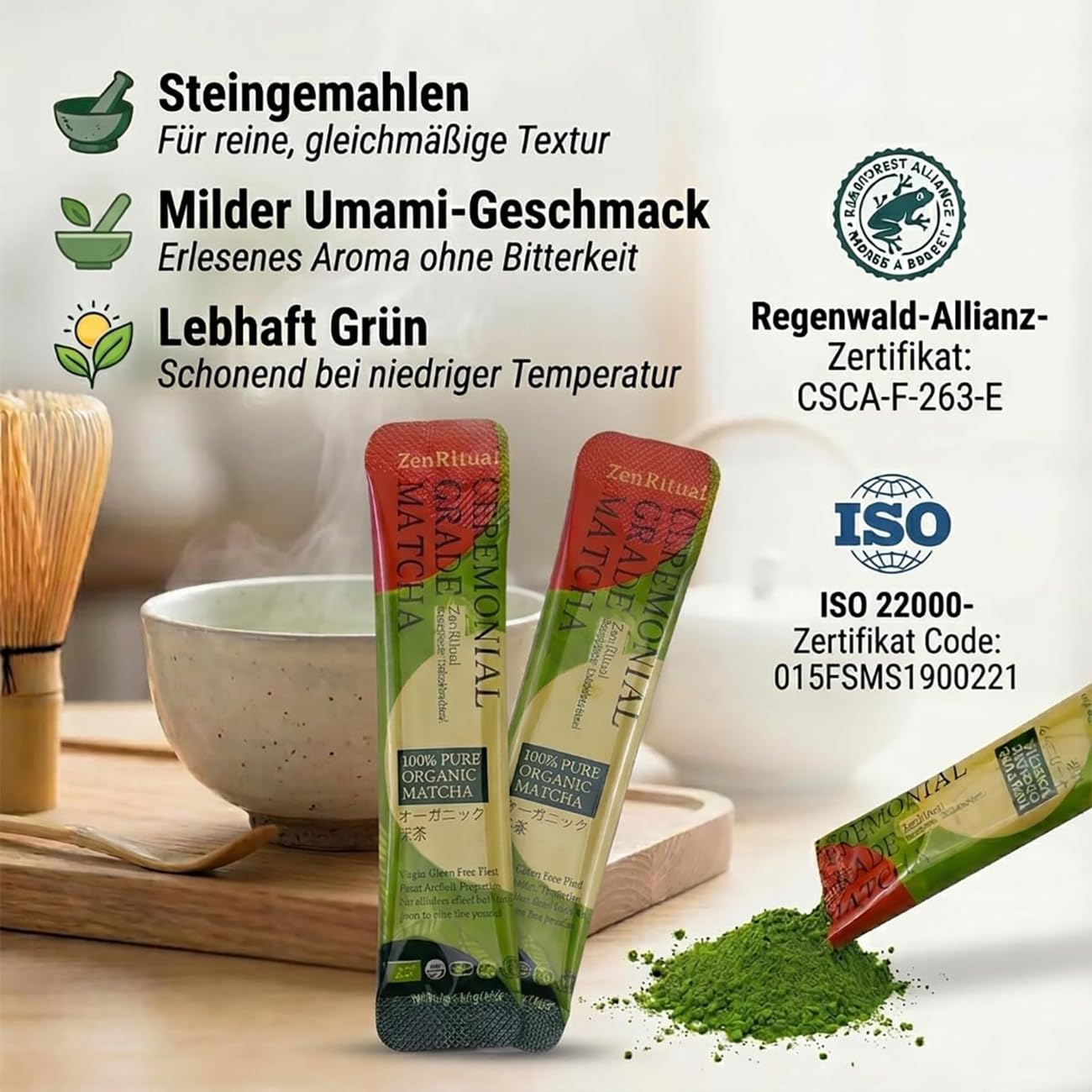 Detalle de ZenRitual Matcha Pulver Zeremonienqualität – 20 Einzeln Portionssticks à 1,5 g, laborgeprüft, zuckerfrei, unterwegs genießen