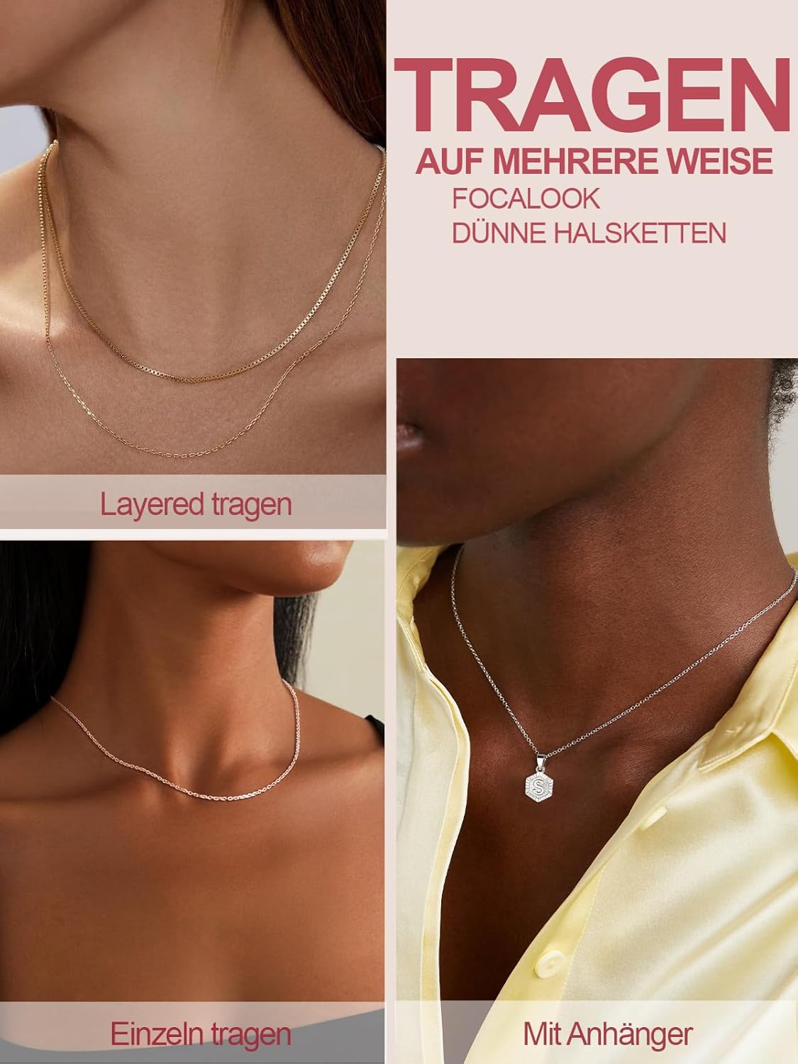 Thumbnail 5 de FOCALOOK Edelstahl Rolokette Damen 1,4/2 mm – verstellbare Halskette, Karabinerverschluss, 35–75 cm