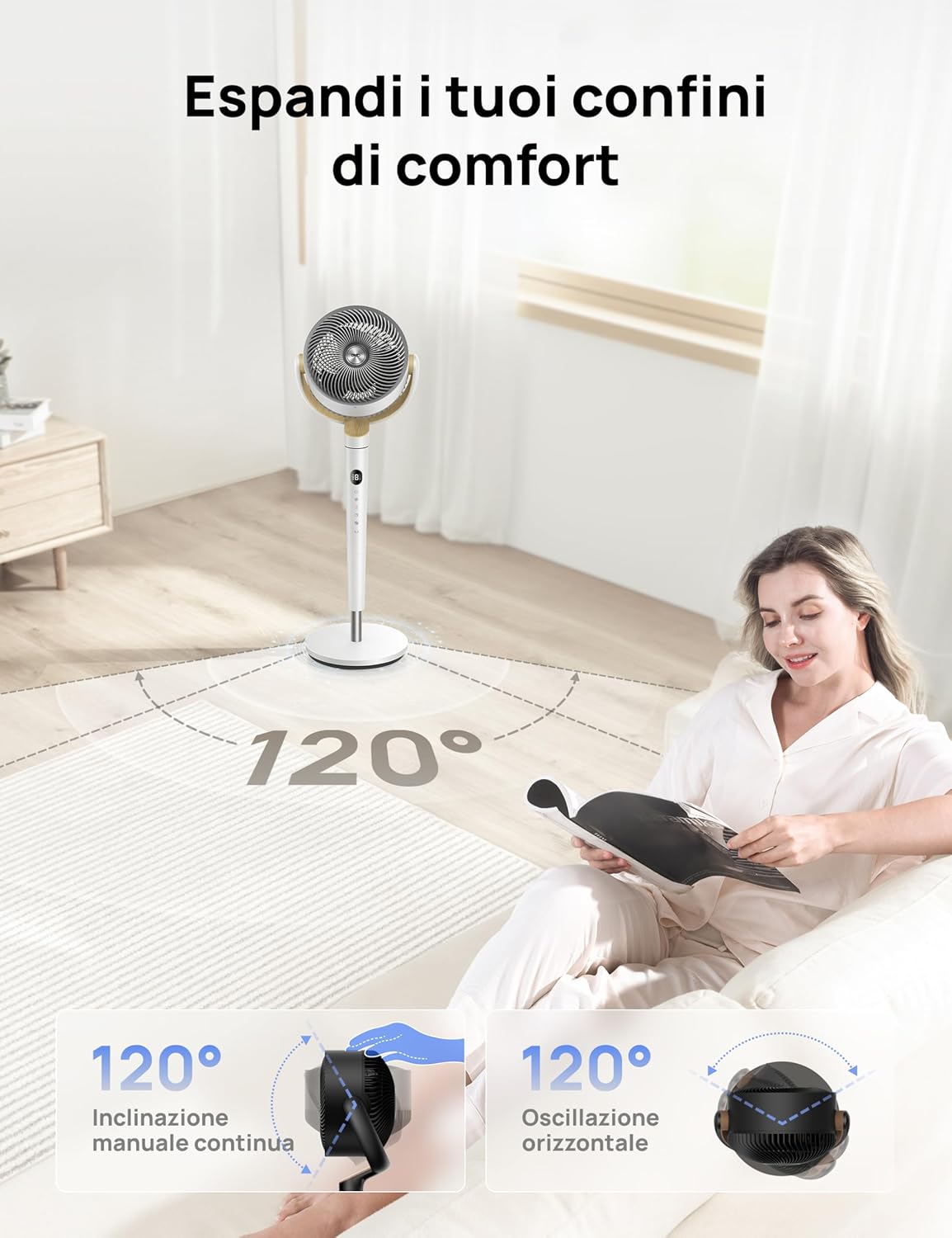 Detalle de DREO Ventilatore da stanza TurboPoly 512: silenzioso, oscillante 120°+120° e 9 velocità per una circolazione d’aria capillare