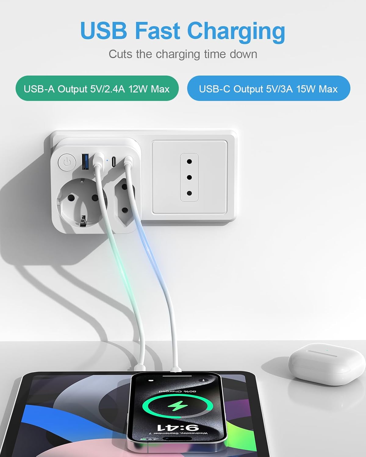 Detalle 2 de Deutschland Nach Italien Steckdose mit 4 USB (2 Typ-C) – 6-in-1 Reiseadapter für Italien und weitere Länder, Weiß