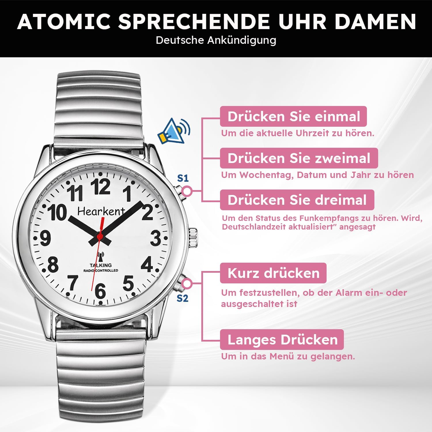 Detalle 2 de Hearkent Sprechende Uhr mit deutscher Sprachausgabe (DCF) für Senioren und Sehbehinderte