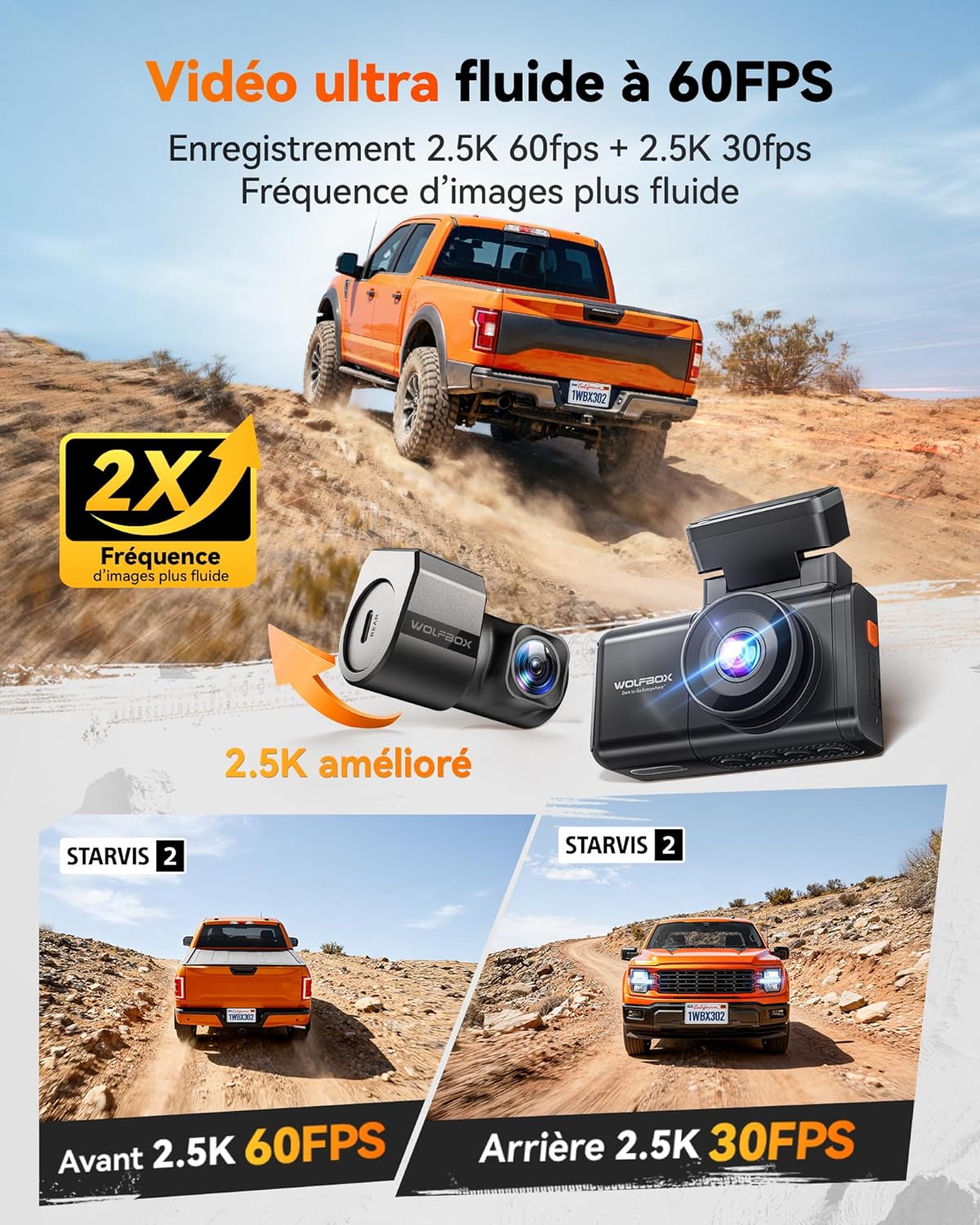 Thumbnail 1 de WOLFBOX X3 Pro Dual Starvis 2 (IMX675) — Dashcam avant arrière 1440P 60FPS + ADAS, GPS et Wi‑Fi 5,8 GHz