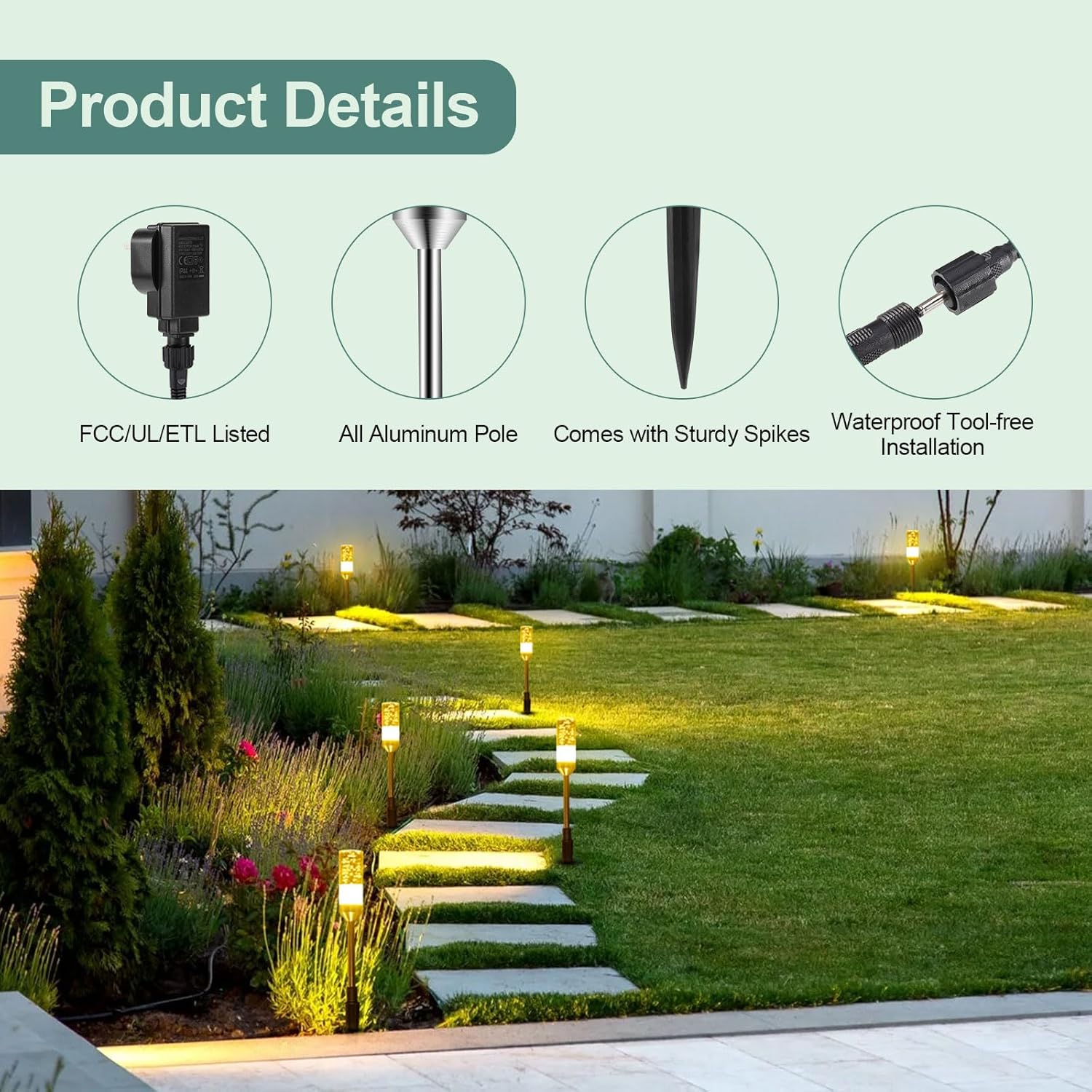 Detalle de ECOWHO Mains Powered Garden Path Lights: Extendable 24-Pack 12V Low Voltage LED Landscape Lights