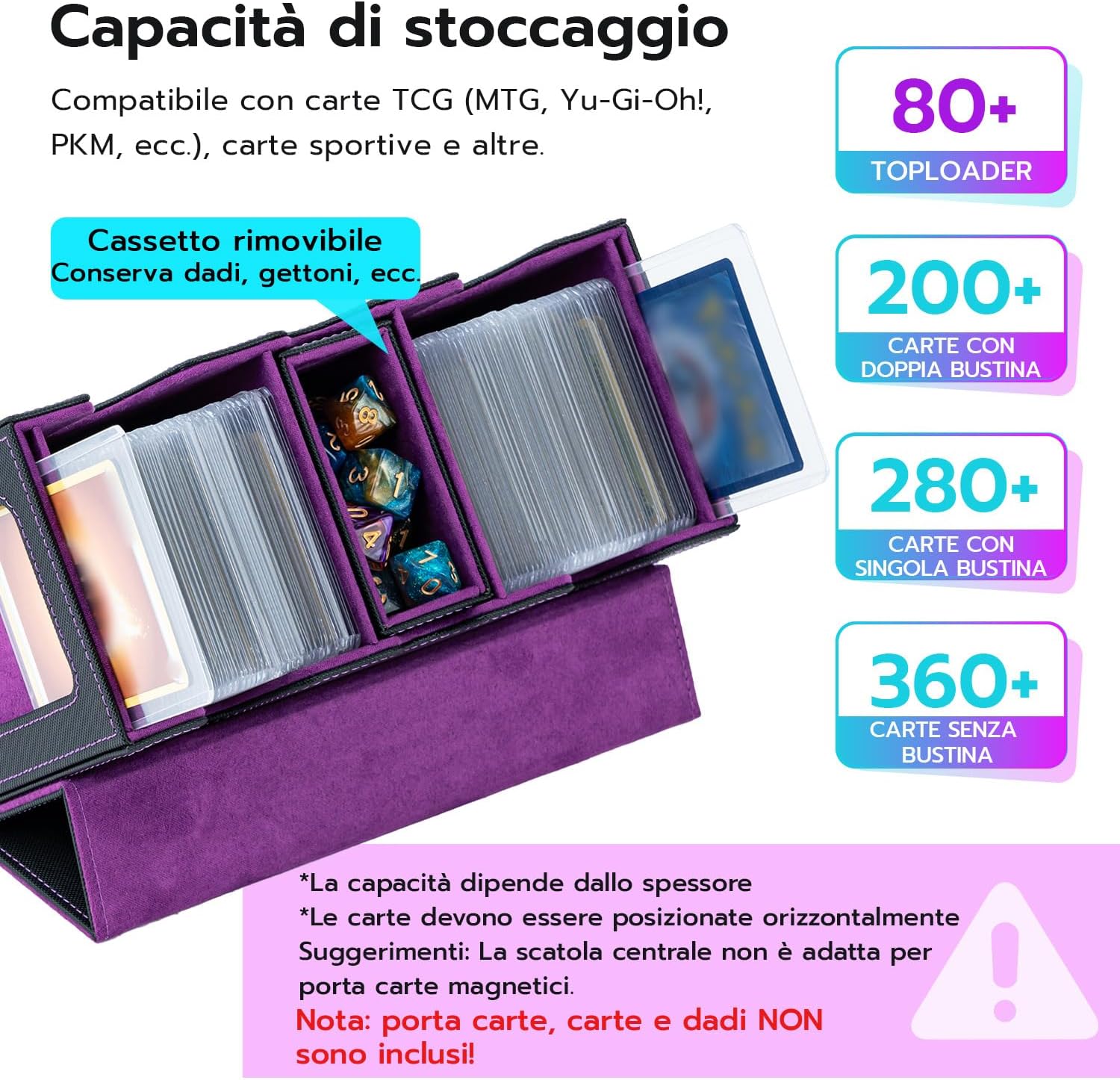 Detalle de Tolesum Commander Deck Box: Porta Mazzo MTG 360+ carte, 3-in-1 con vetrine e cassetto dadi – Nero Viola