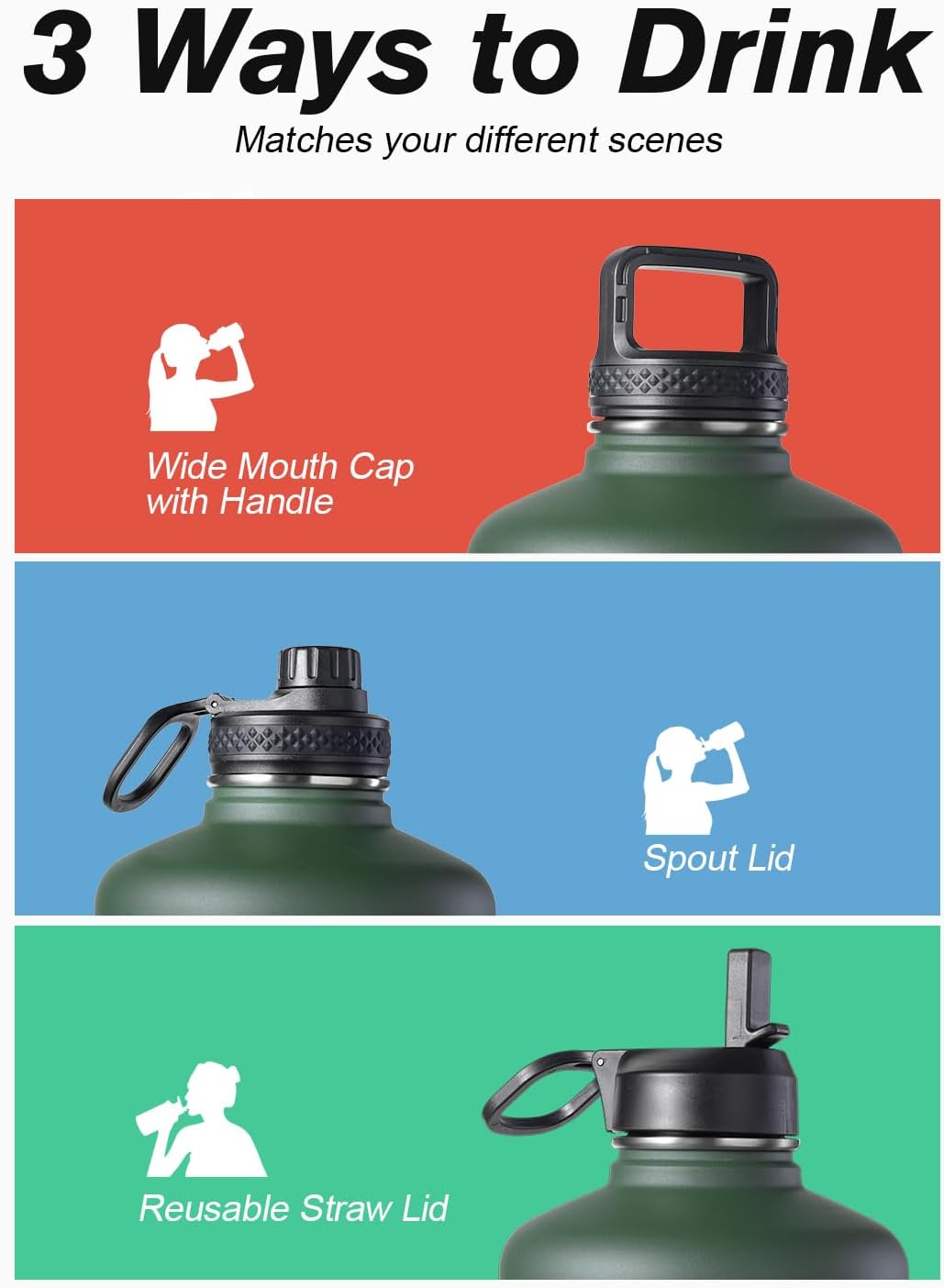 Thumbnail 4 de Coolflask 64 oz Half Gallon Insulated Water Bottle (Dark Green) with Straw & 3 Lids