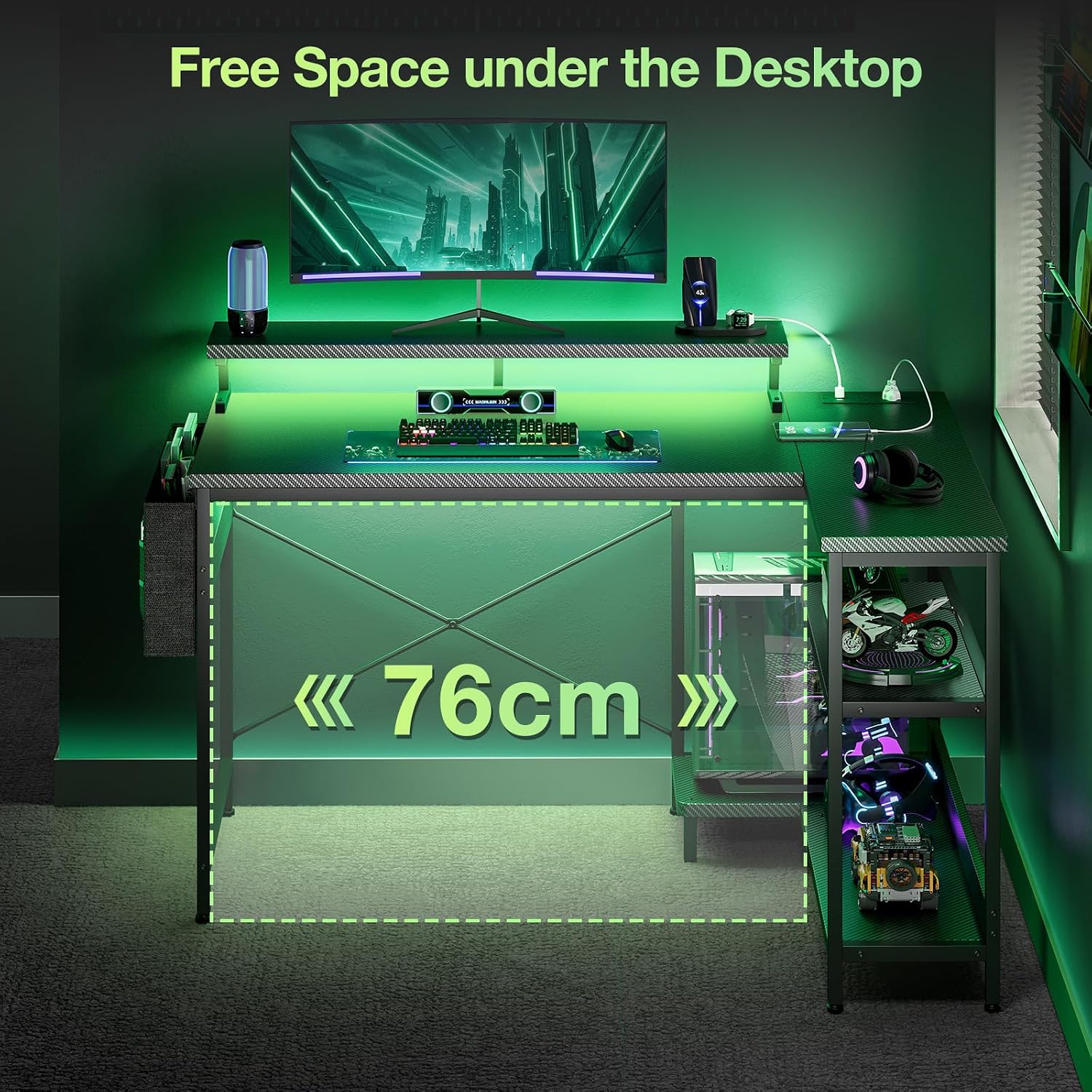 Thumbnail 5 de Coleshome L Shaped Gaming Desk with LED Lights (100 × 70 cm) in Carbon Fibre Black