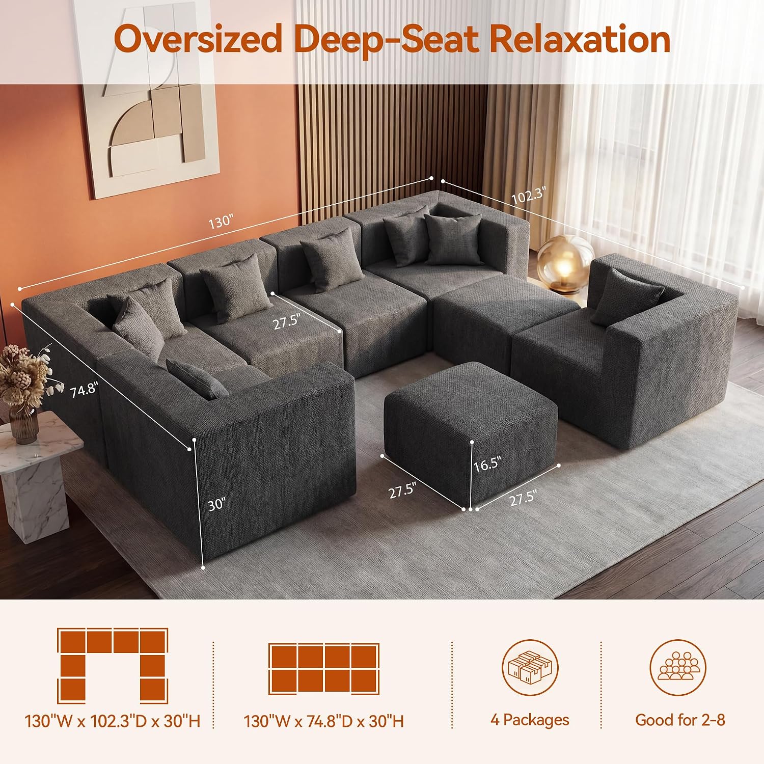 Detalle de MONVANE Modular Sectional Sofa, 8-Seat U-Shaped Chenille Couch in Grey