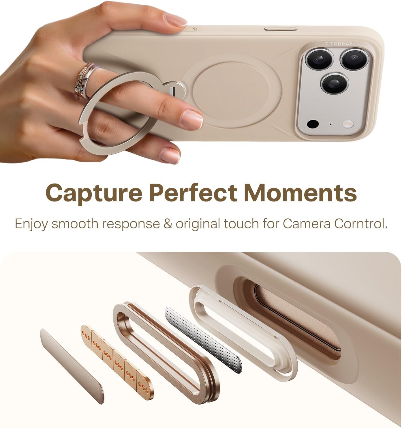 Thumbnail 6 de TORRAS Q3 Silicone 360 Spin for iPhone 17 Pro Case with Stand — 55° Silicone, MagSafe Ready, Dune Beige