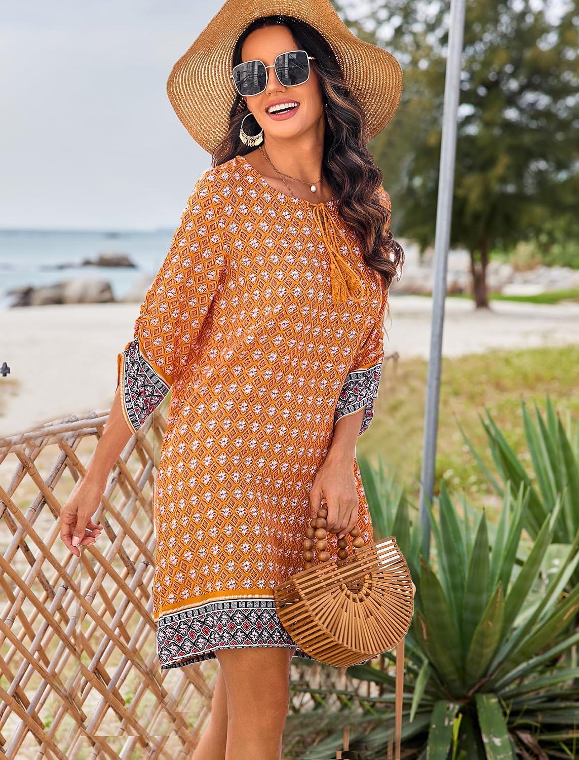 Detalle de Zeagoo Robe d'été pour femme — robe bohème, manches 3/4 et coupe décontractée