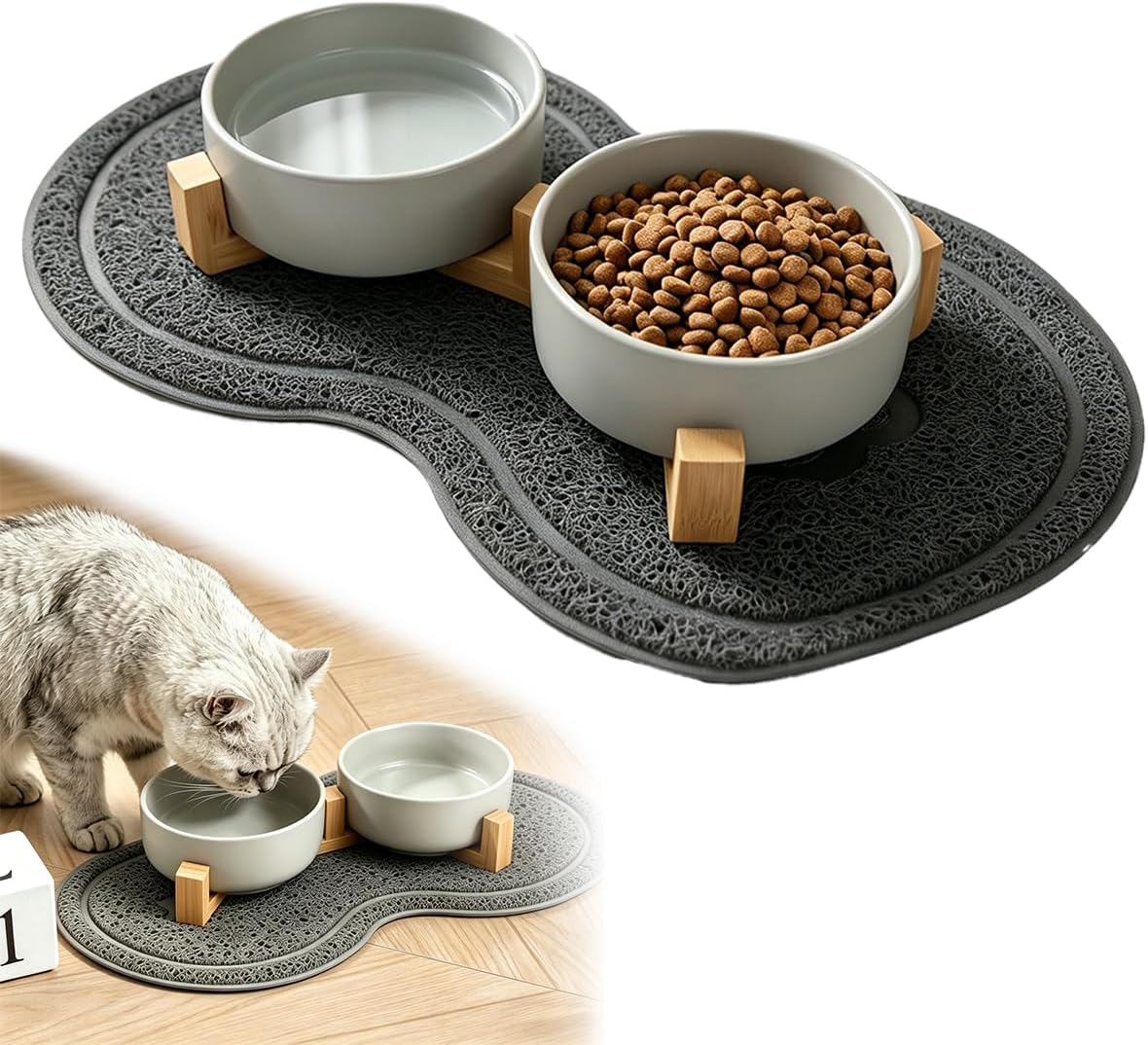 Detalle de Vurixfo Ceramic Pet Bowl Set with Stand & Non-Slip Mat (4 Pack) 400ml Grey