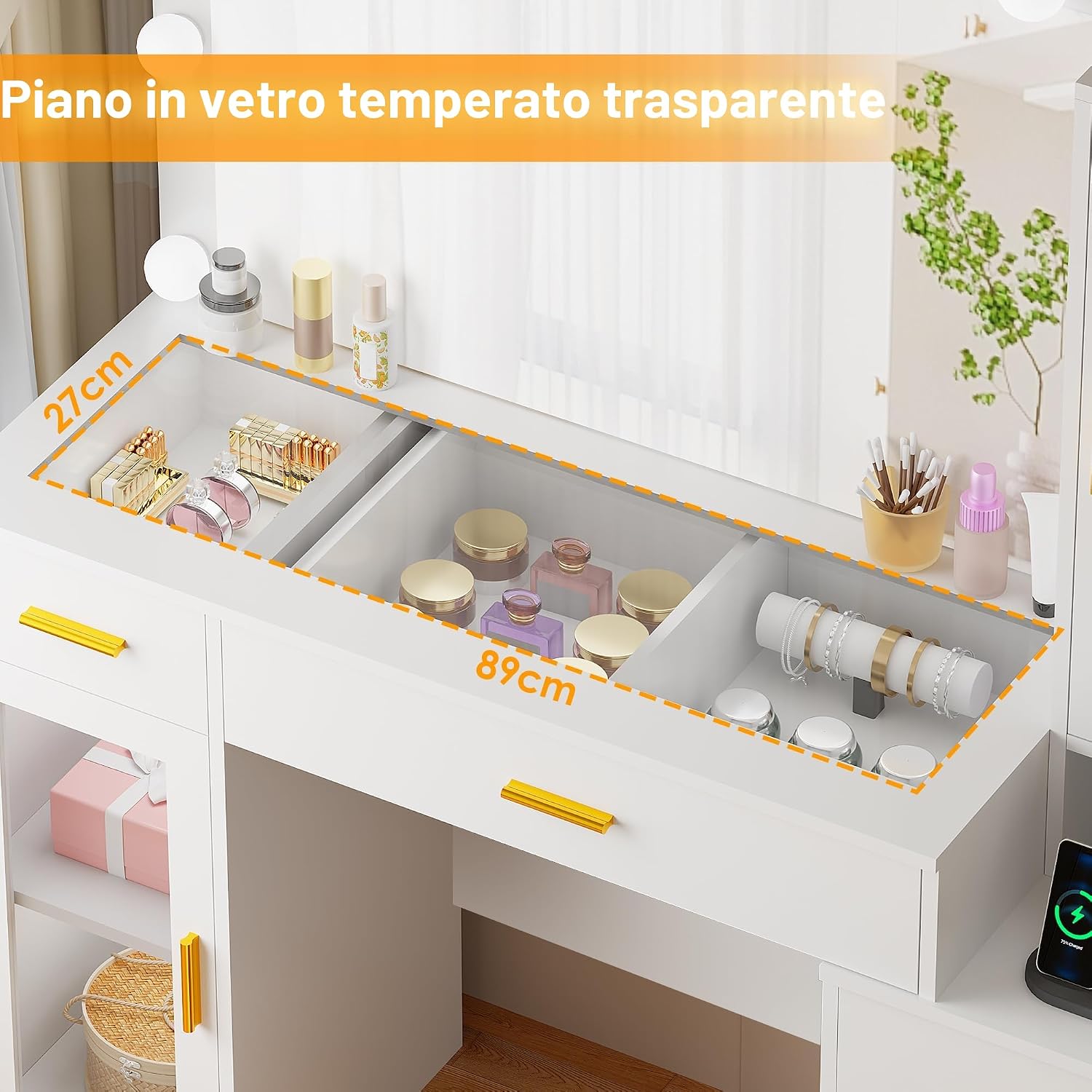 Thumbnail 1 de BEWISHOME Grande Toeletta da Trucco con Specchio Illuminato e USB: eleganza, spazio e comodità per la tua routine