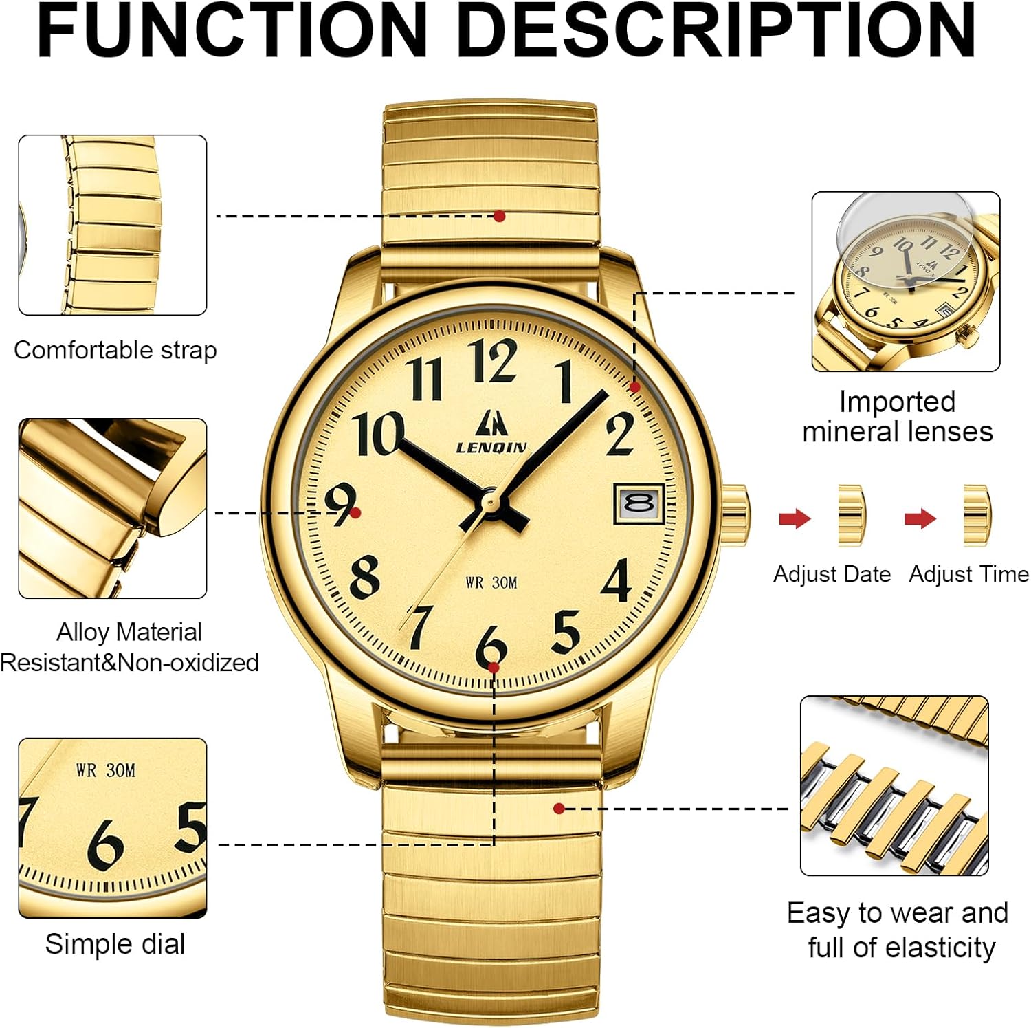 Thumbnail 5 de LN LENQIN Damenarmbanduhr aus Edelstahl mit Quarzwerk, analogem Zifferblatt und 3-ATM-Wasserschutz (Expansion Band)