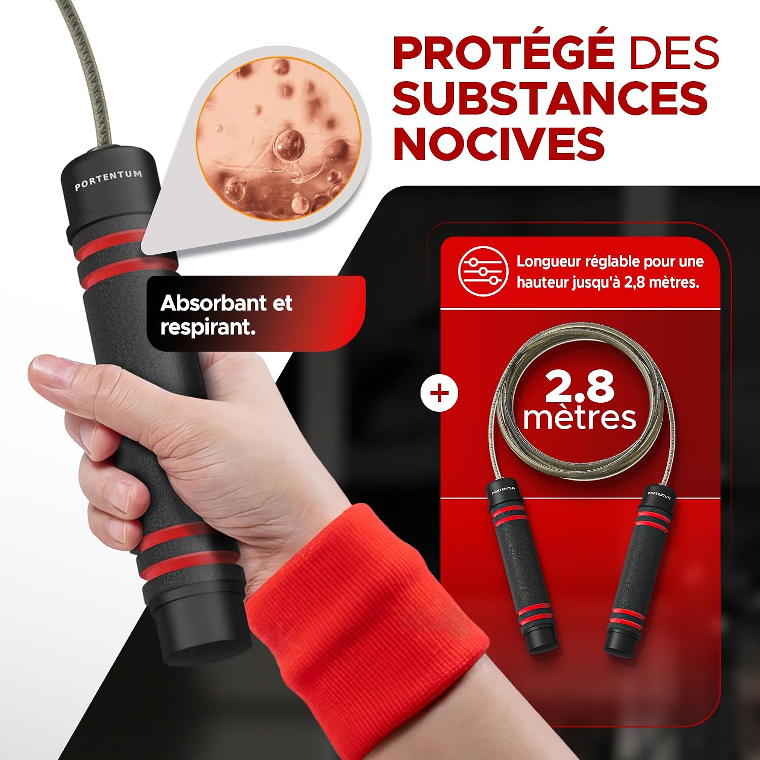 Detalle de PORTENTUM Corde à Sauter Sport 2,8 m — Robuste, réglable et fluide pour enfant et adulte