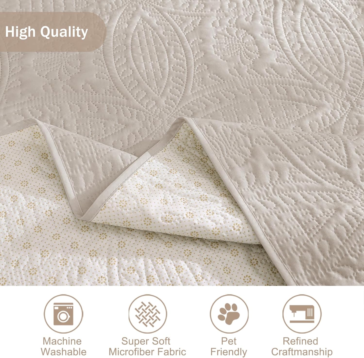 Thumbnail 4 de Pamhaven Beige Quilted Recliner Chair Covers (Water-Repellent, Pet Friendly, Washable) for Recliners up to 22