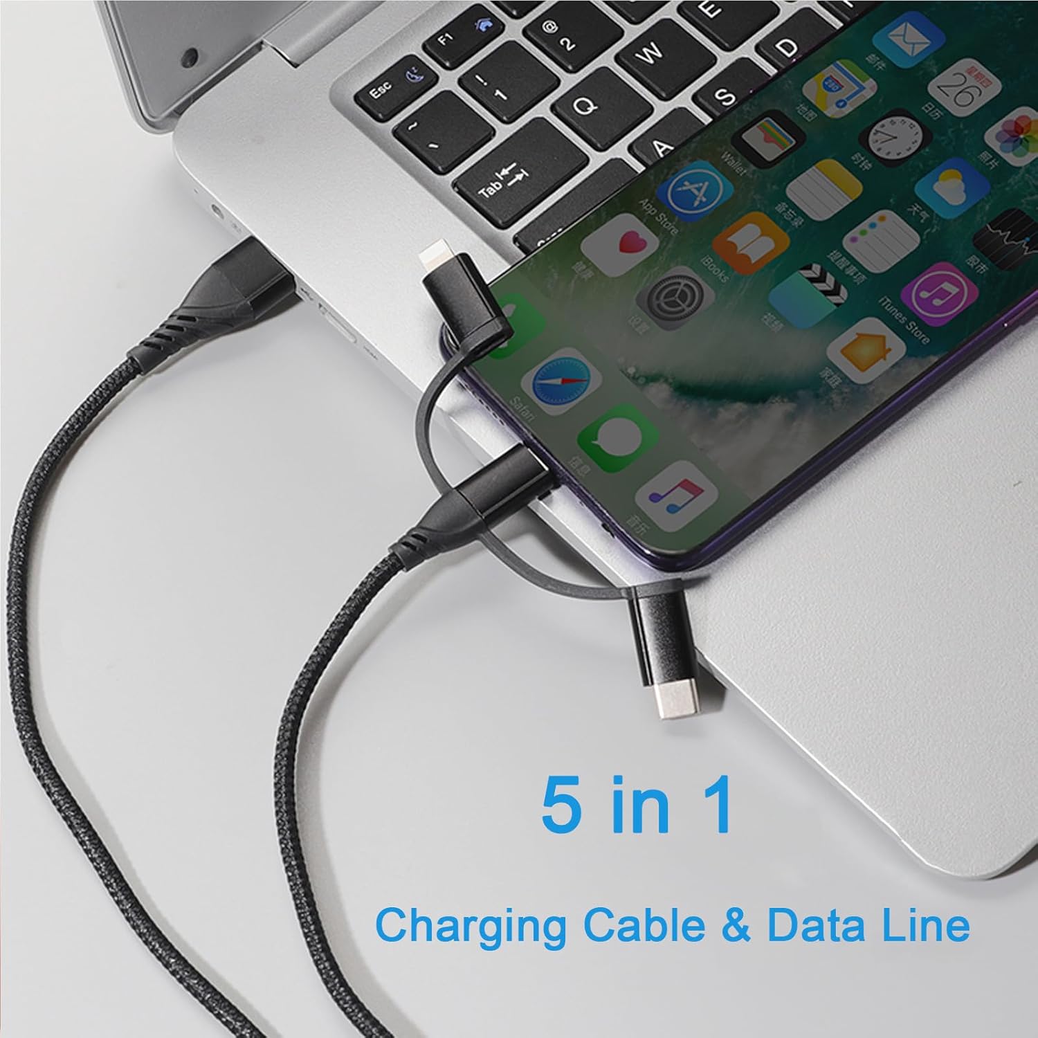 Thumbnail 1 de Unillous Multi Charger Cable 5 in 1 (USB-A/USB-C to Phone/Micro USB) braided fast-charging 1m