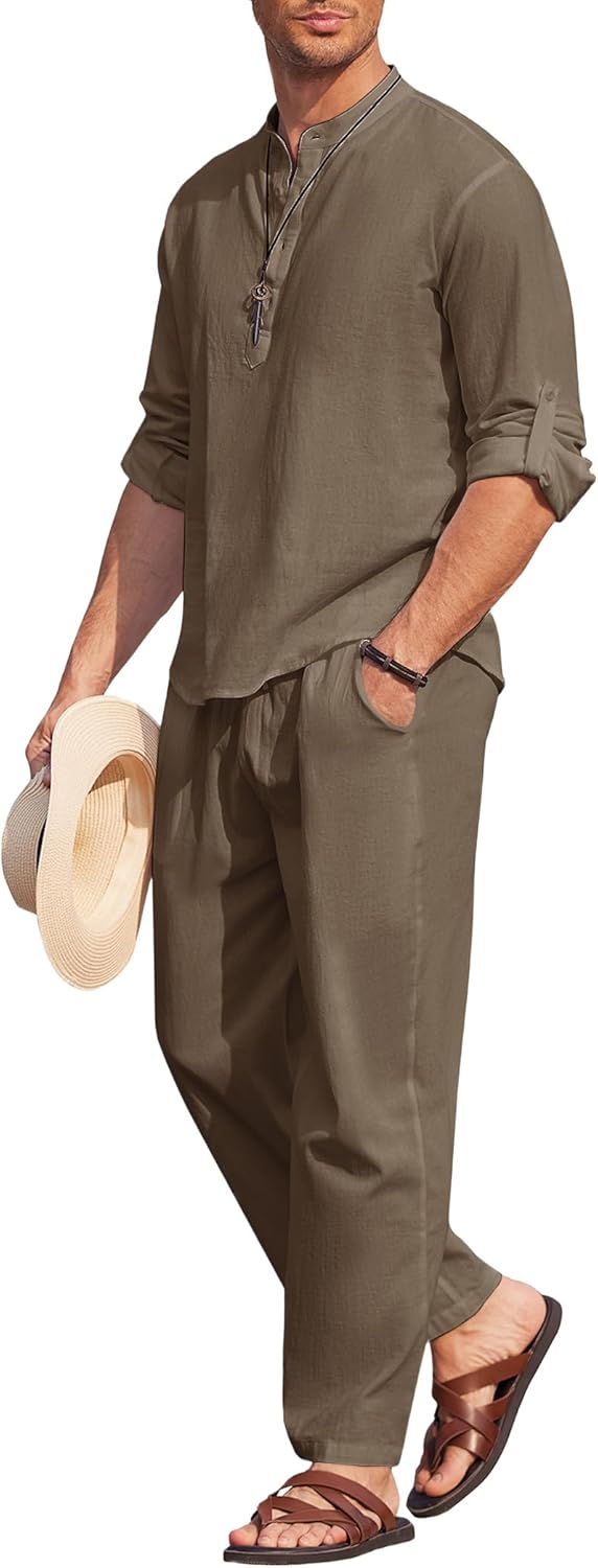 Thumbnail 1 de COOFANDY Men’s 2-Piece Cotton Linen Henley & Beach Pants Set