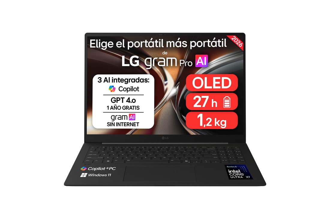 Detalle de LG gram Pro 16Z90U: portátil OLED de 16" con Core Ultra X7, 32 GB RAM y SSD 512 GB