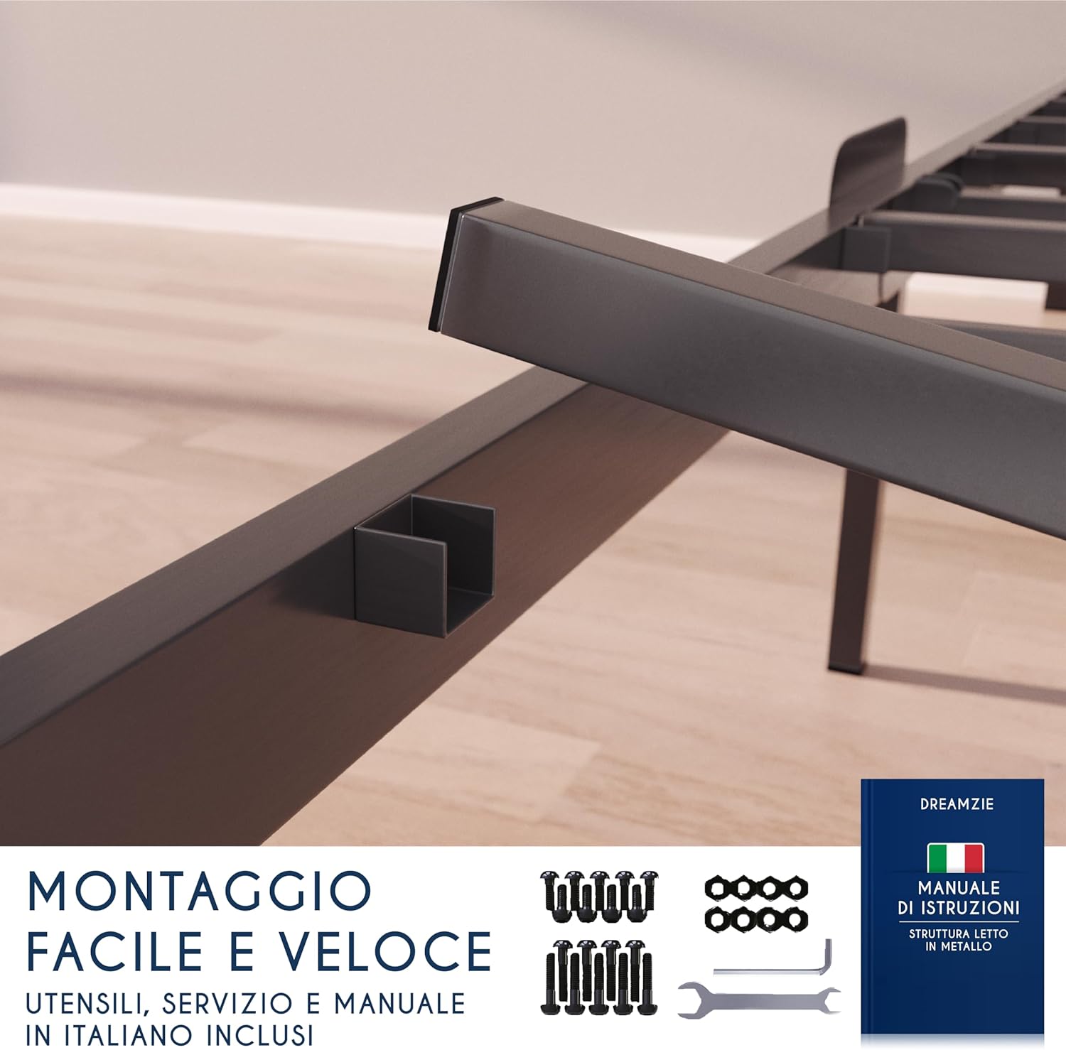 Detalle de Dreamzie Letto a una piazza e mezza 135x190 cm in metallo nero – Struttura robusta, montaggio rapido e design elegante