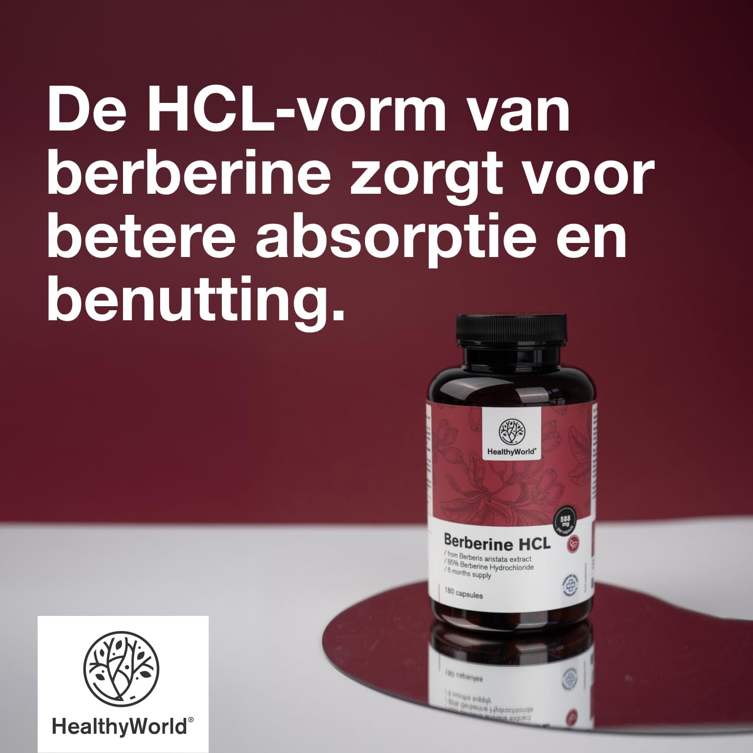 Detalle 1 de HealthyWorld Berberine HCL 500 mg plantaardige capsules, 180 stuks
