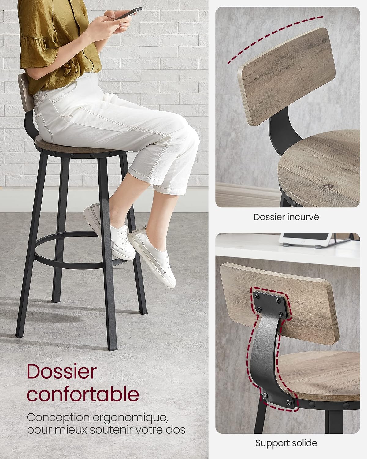 Thumbnail 6 de VASAGLE Tabouret bar industriel lot de 2, siège 73,5 cm