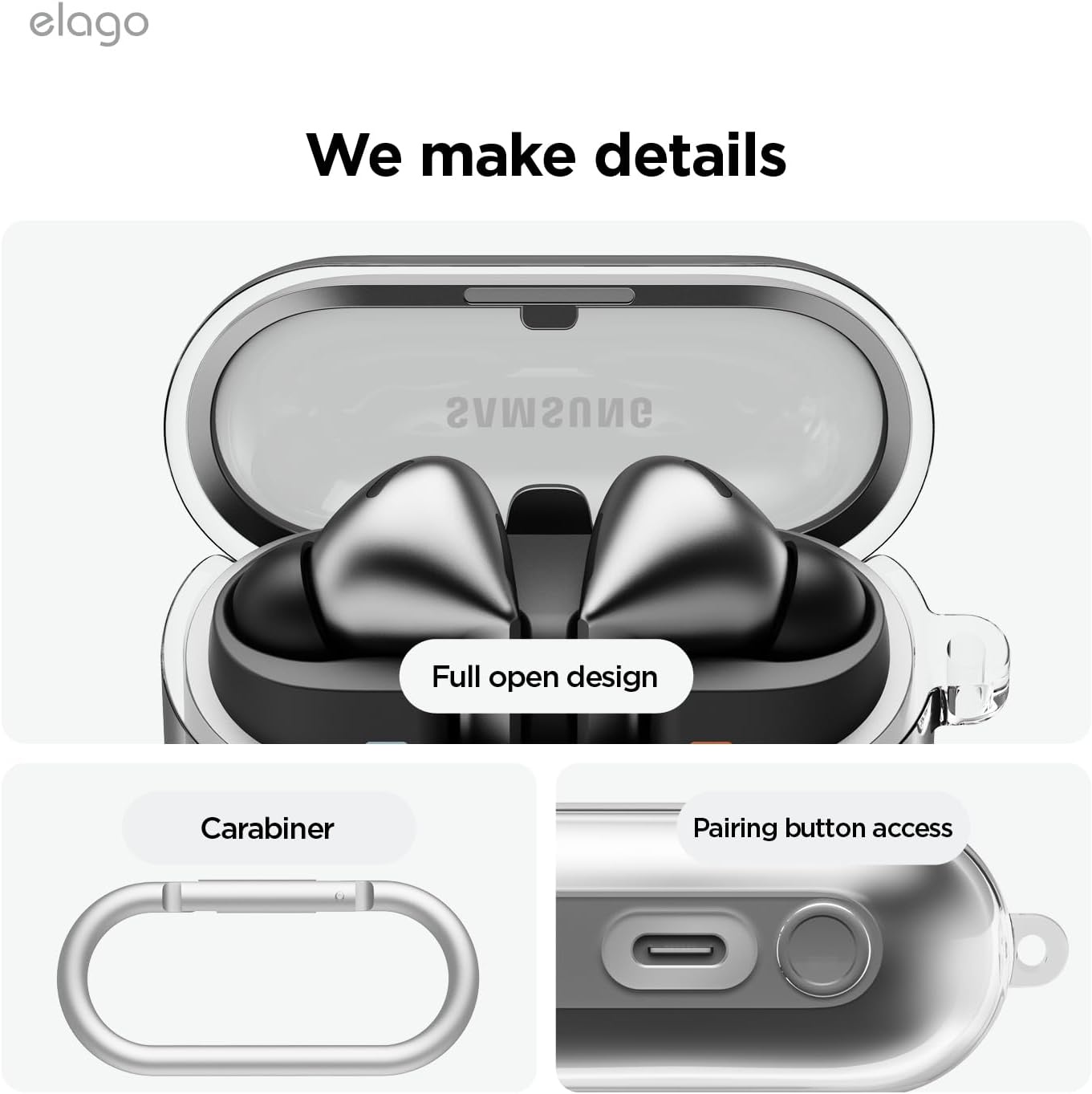 Detalle de elago coque transparente TPU pour Samsung Galaxy Buds 3 / 3 Pro / 3 FE avec mousqueton