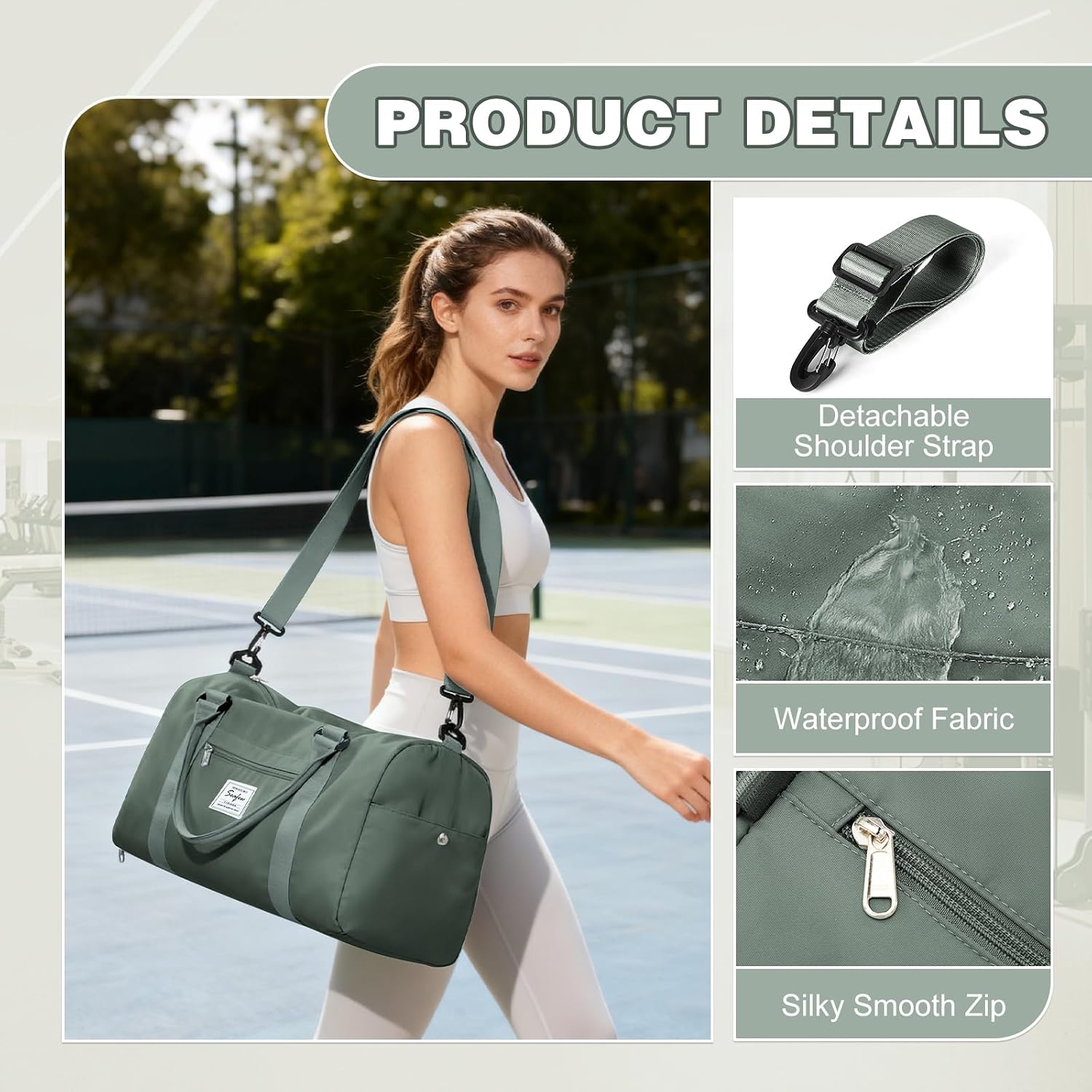 Thumbnail 5 de WEPLAN Waterproof Gym Bag with Wet Pocket and Separate Shoe Compartment – Army Green