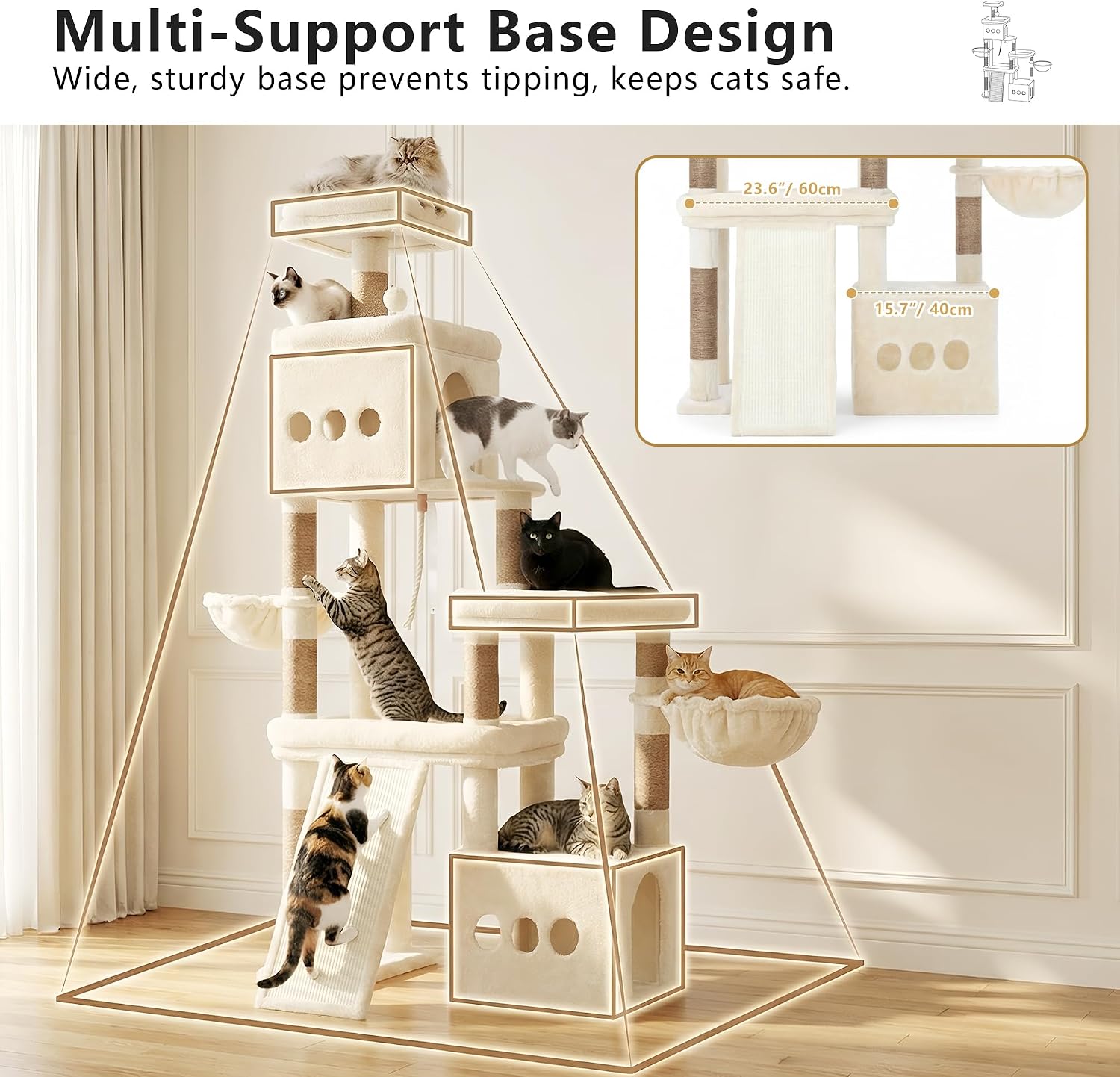 Detalle 2 de Heybly Cat Tree, 184 cm Anti-Tip Cat Tower for Large Cats — All-in-One Beige HCT060M