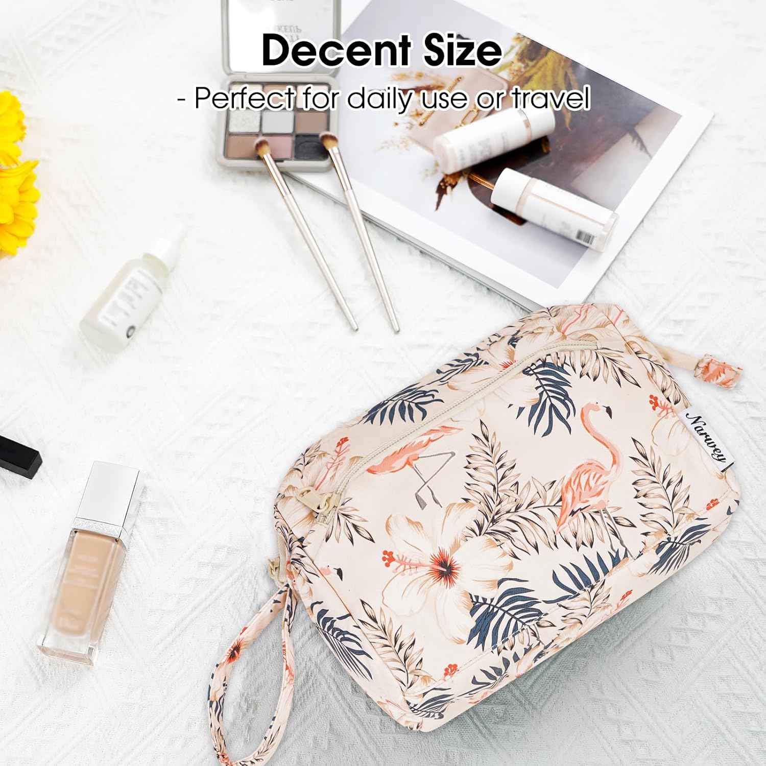 Detalle 2 de Narwey Klein Kulturtasche Damen – Weit geöffnete Kosmetiktasche mit Fächern, Beige Flamingo