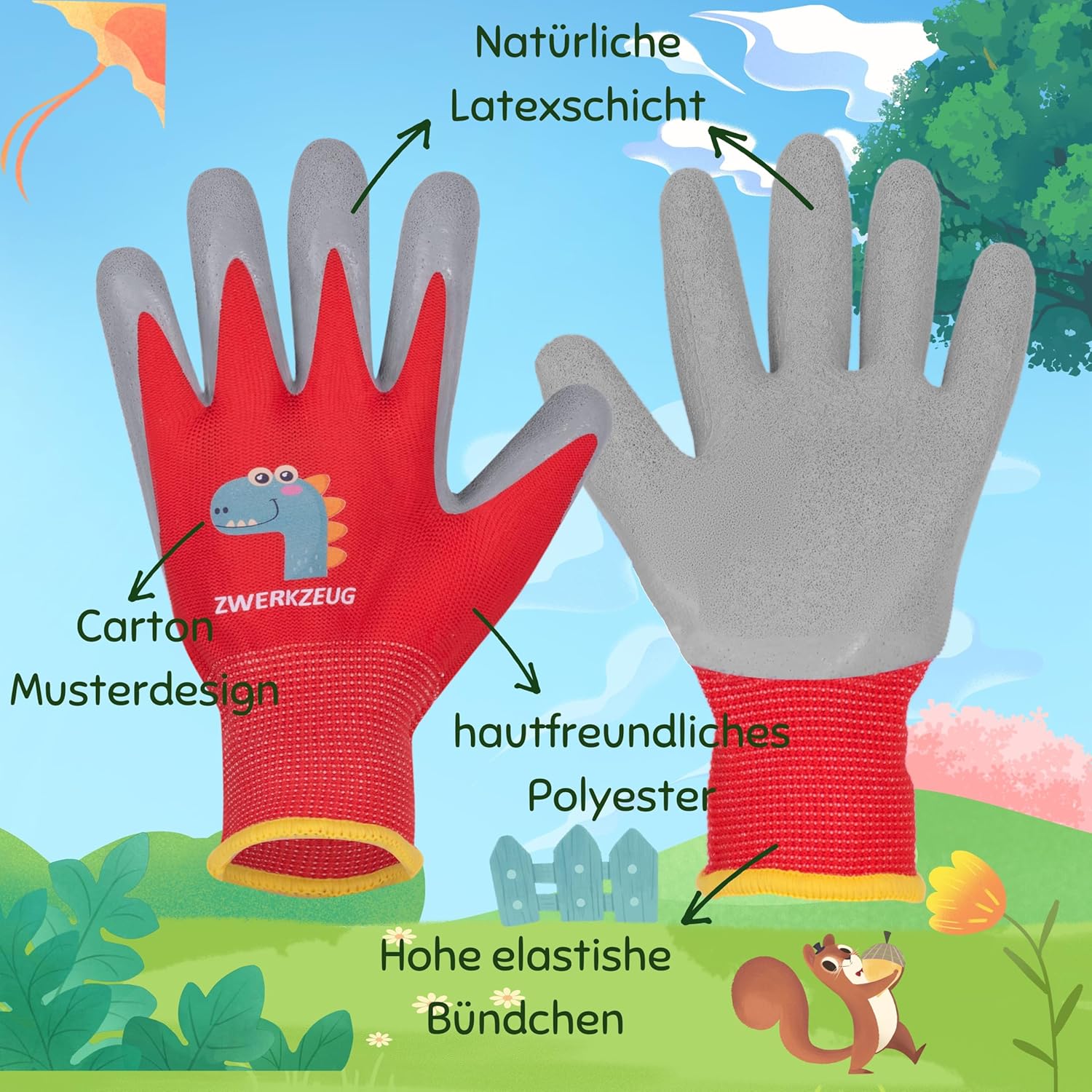 Thumbnail 1 de ZWERKZEUG Kinder Arbeitshandschuhe – 3 Paar (Naturlatex-Beschichtung, dehnbares Gewebe), mehrfarbig mit Dinos