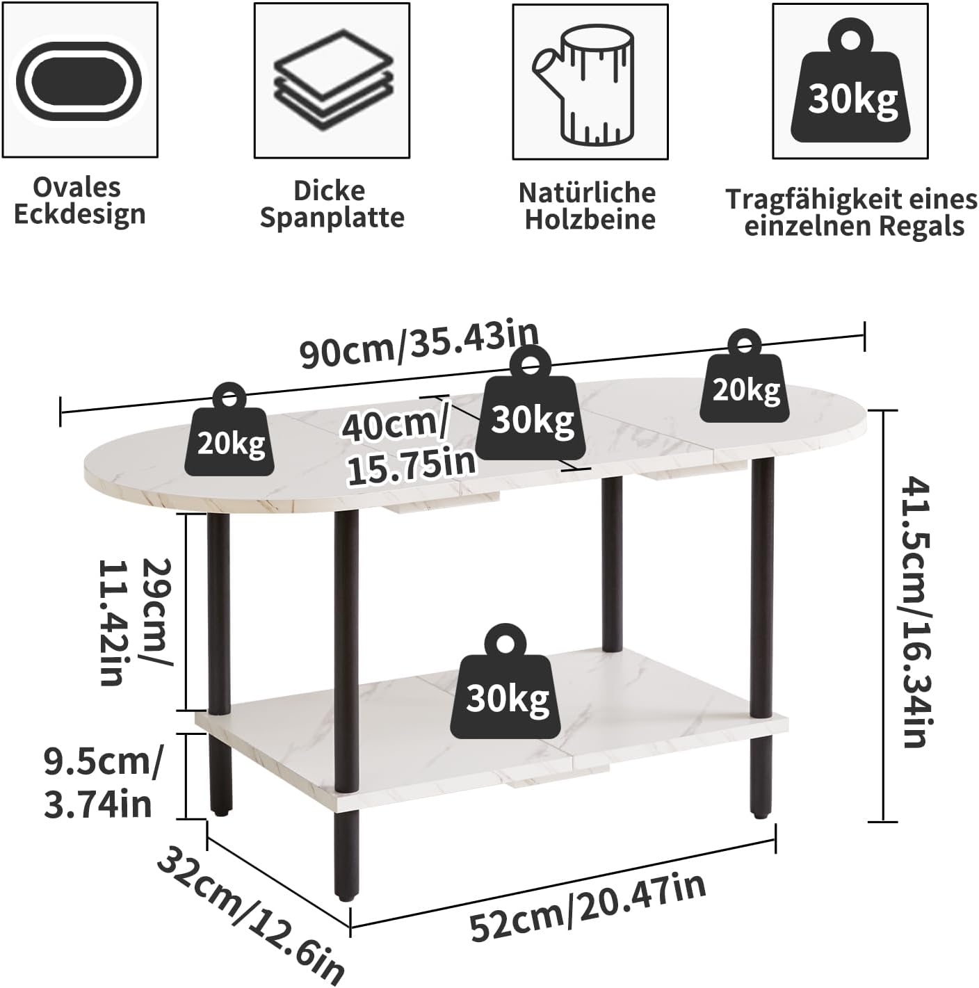 Thumbnail 2 de Aibiju Couchtisch YD-011M – kleiner Wohnzimmertisch mit ovaler Platte, 2-stufigem Stauraum und Holzbeinen