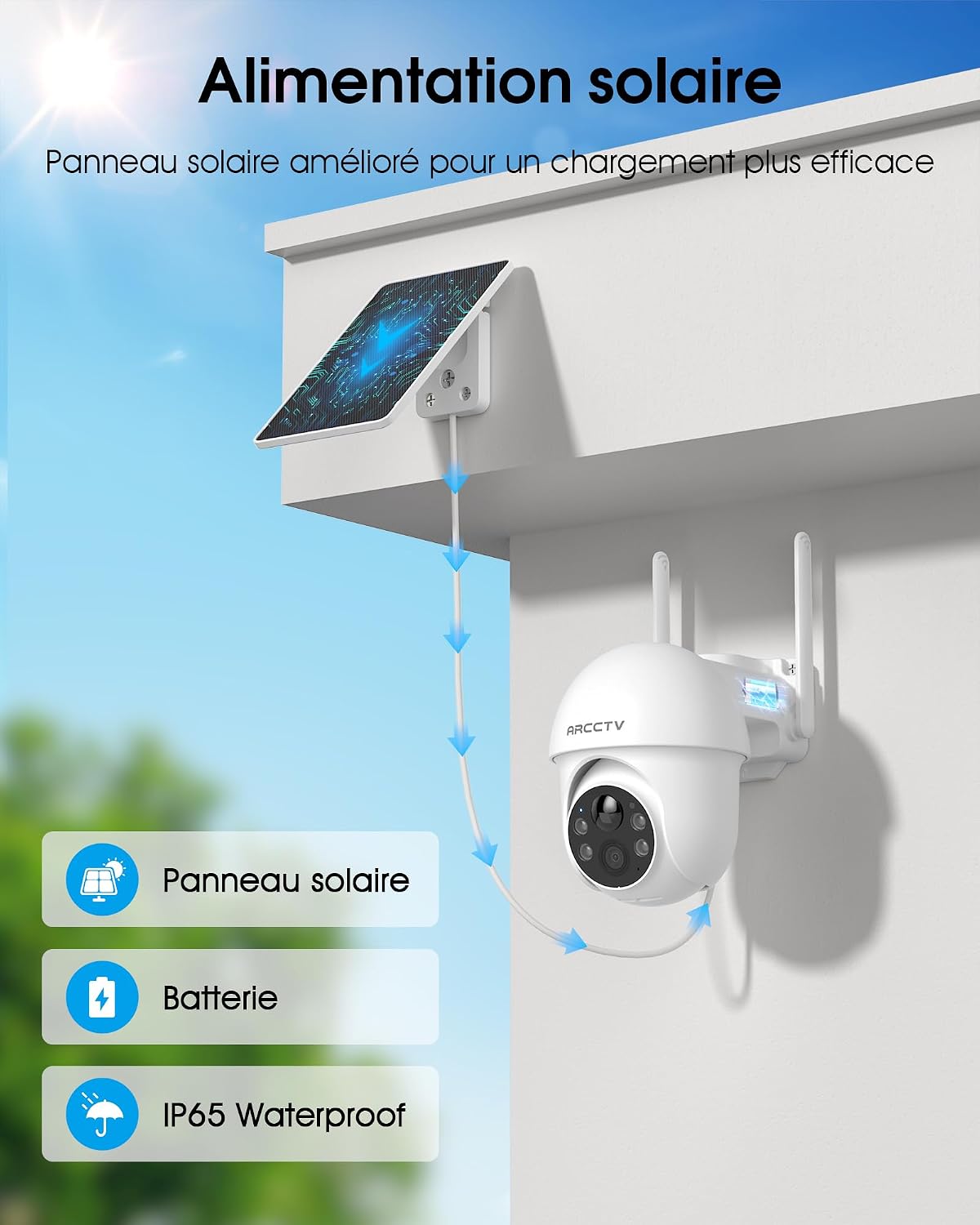 Detalle 2 de ARCCTV 2.5K 4MP – Caméra Surveillance Extérieure Sans Fil Solaire, 360° PTZ, WiFi, Détection PIR et Vision Nocturne (Kit 2 pcs, Blanc)