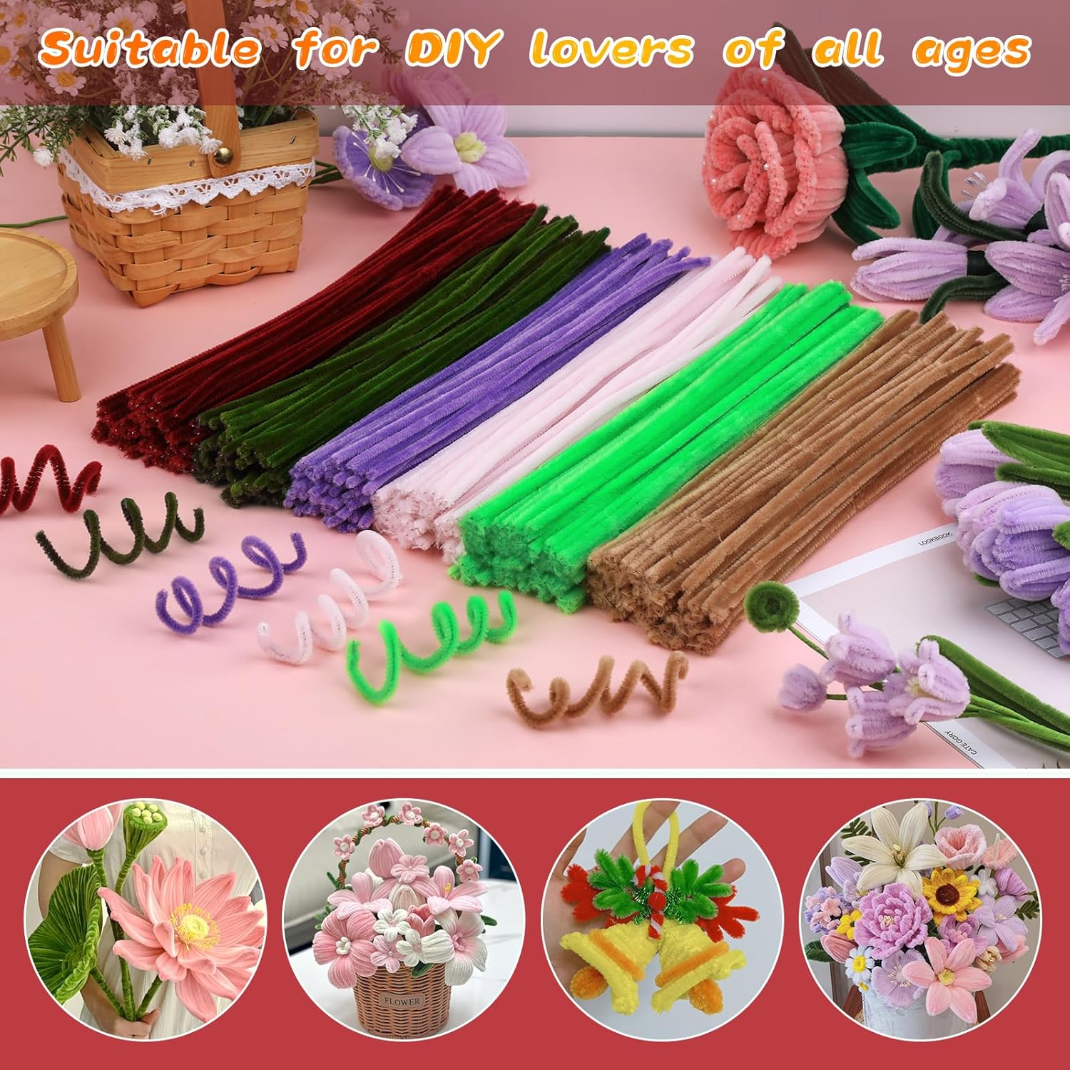 Thumbnail 3 de ZXIIXZ 100-Pack Chenille Pipe Cleaners (Wine Red) for DIY Crafts and Flower Making