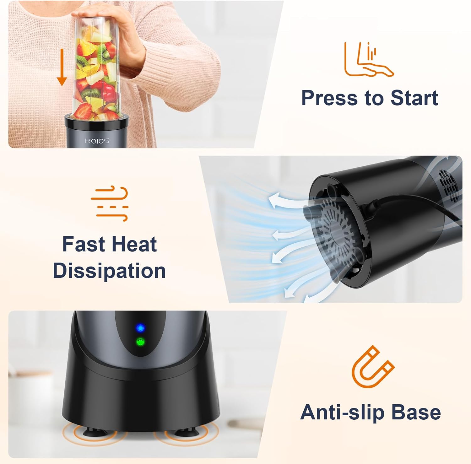 Thumbnail 4 de KOIOS Smoothie Blender 900W Personal Blender with 2 Portable 22oz Cups (Grey Blue)