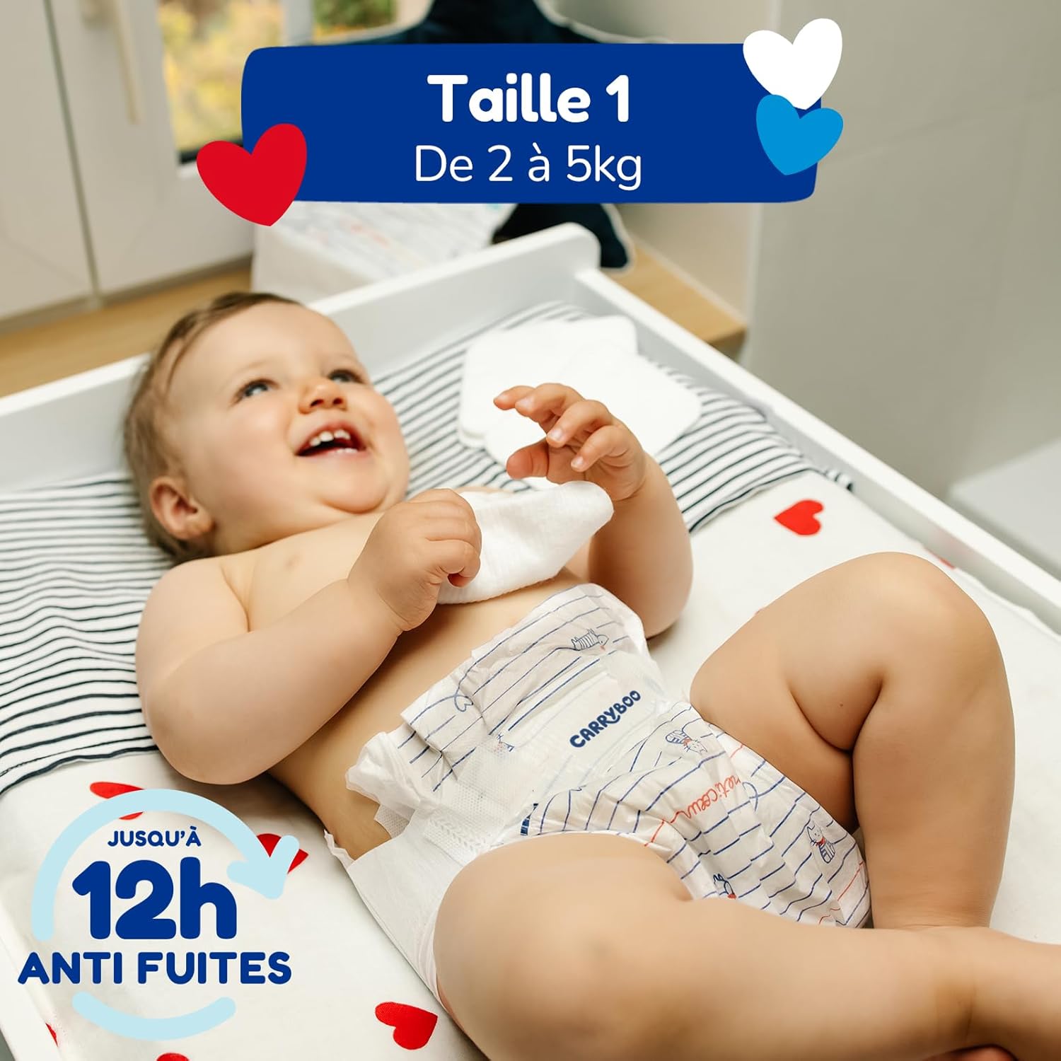 Thumbnail 1 de CARRYBOO Couches Taille 1 (2-5 kg) – 120 couches jetables, ultra absorbantes et anti-fuites jusqu’à 12 h, fabriquées en France