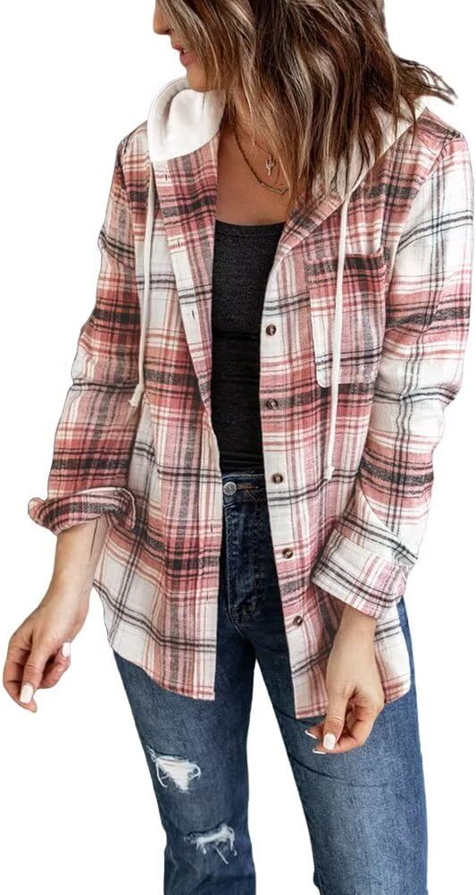 Detalle de LACOZY Women's Flannel Checked Shirt Hoodie – Loose Fit, Button-Down Buffalo Plaid Sweatshirt