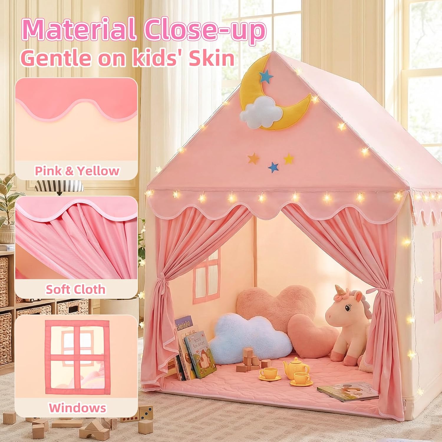 Detalle de GeeSound Kids Indoor Princess Tent with Star Lights and Mat (Pink)