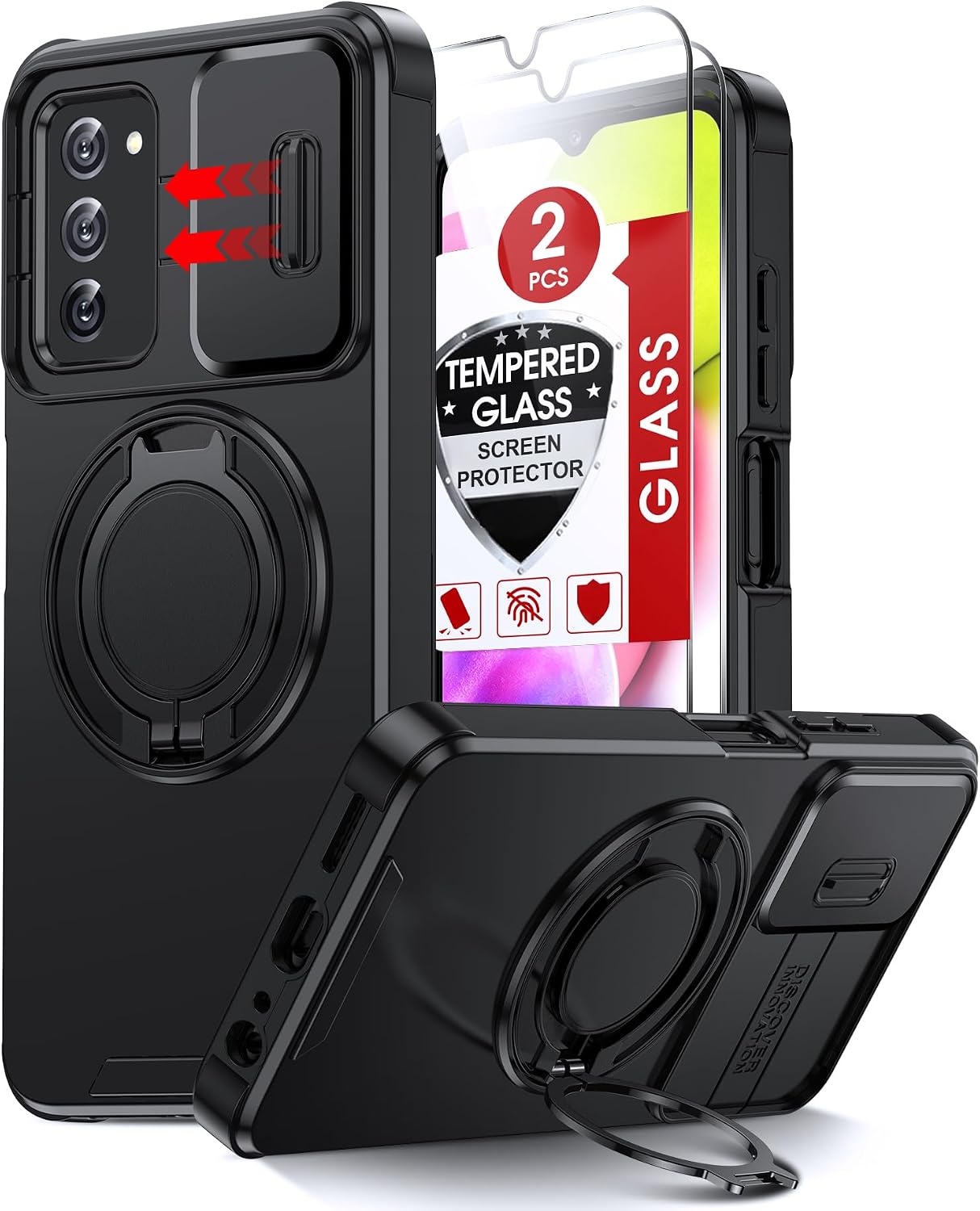 Detalle de LeYi Galaxy A03s Phone Case with Slide Camera Cover, 360° Ring Stand and Glass Protectors