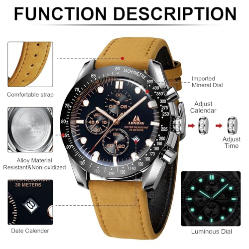 Detalle de LN LENQIN Montre Homme - Montre analogique à quartz, étanche 3ATM, bracelet cuir