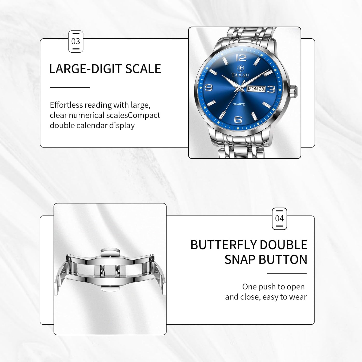 Thumbnail 4 de Taxau Wasserdicht Edelstahl Herrenuhr – Blaues Zifferblatt, Datum & Multifunktion
