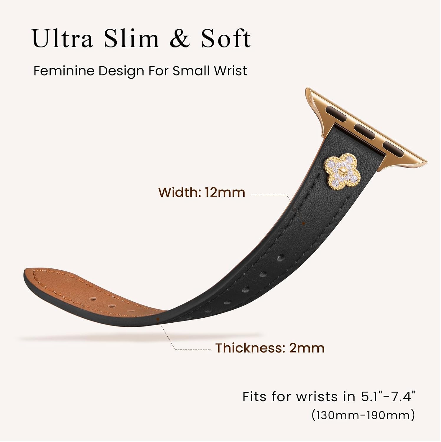 Detalle de STIROLL Slim Leather Apple Watch Band with Clover Charms, Black and Rose Gold