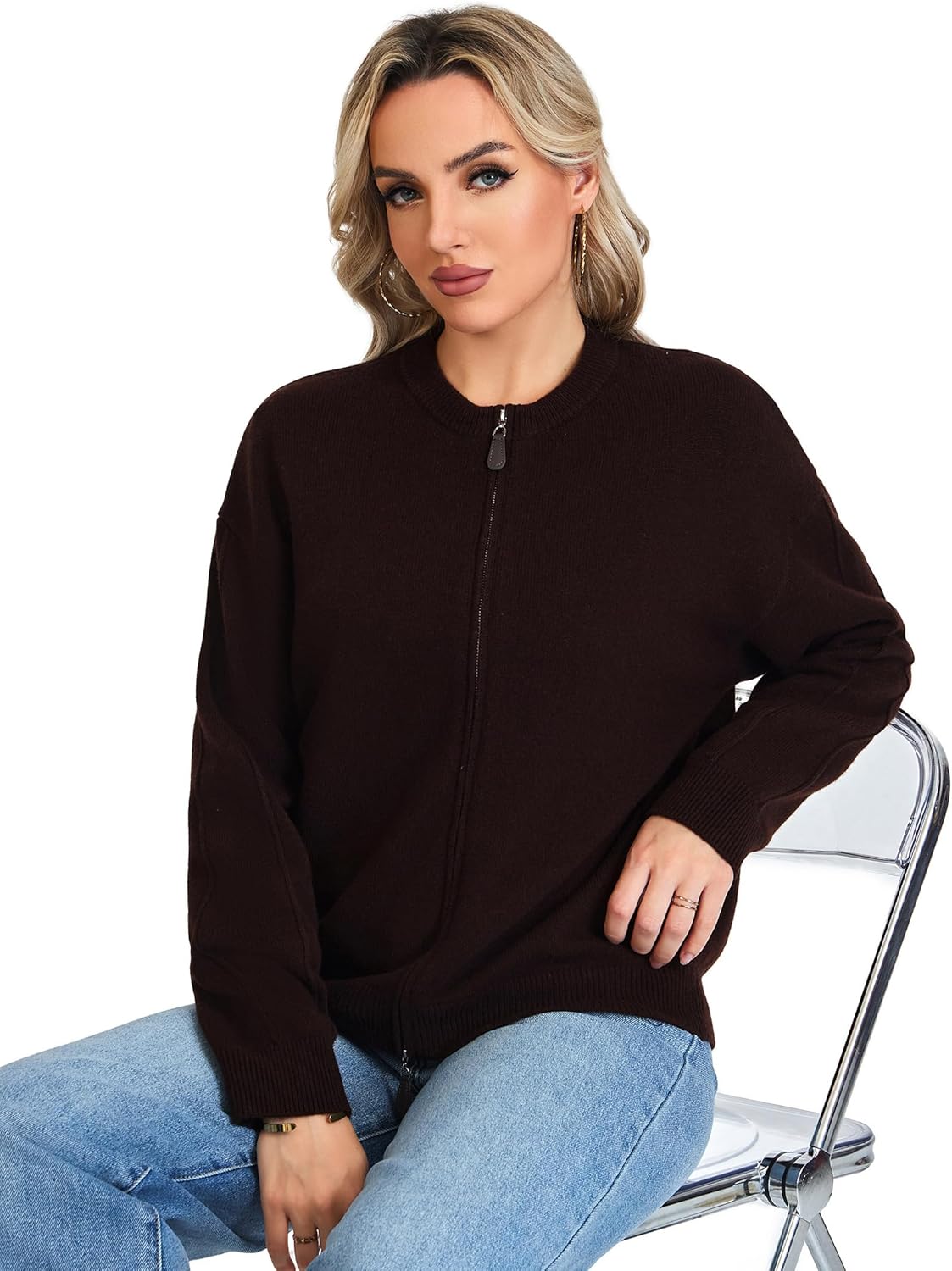 Thumbnail 4 de VETLURY Damen Strickjacke aus 100% Merinowolle mit Doppelreißverschluss – Rundhals Cardigan für Übergangszeit